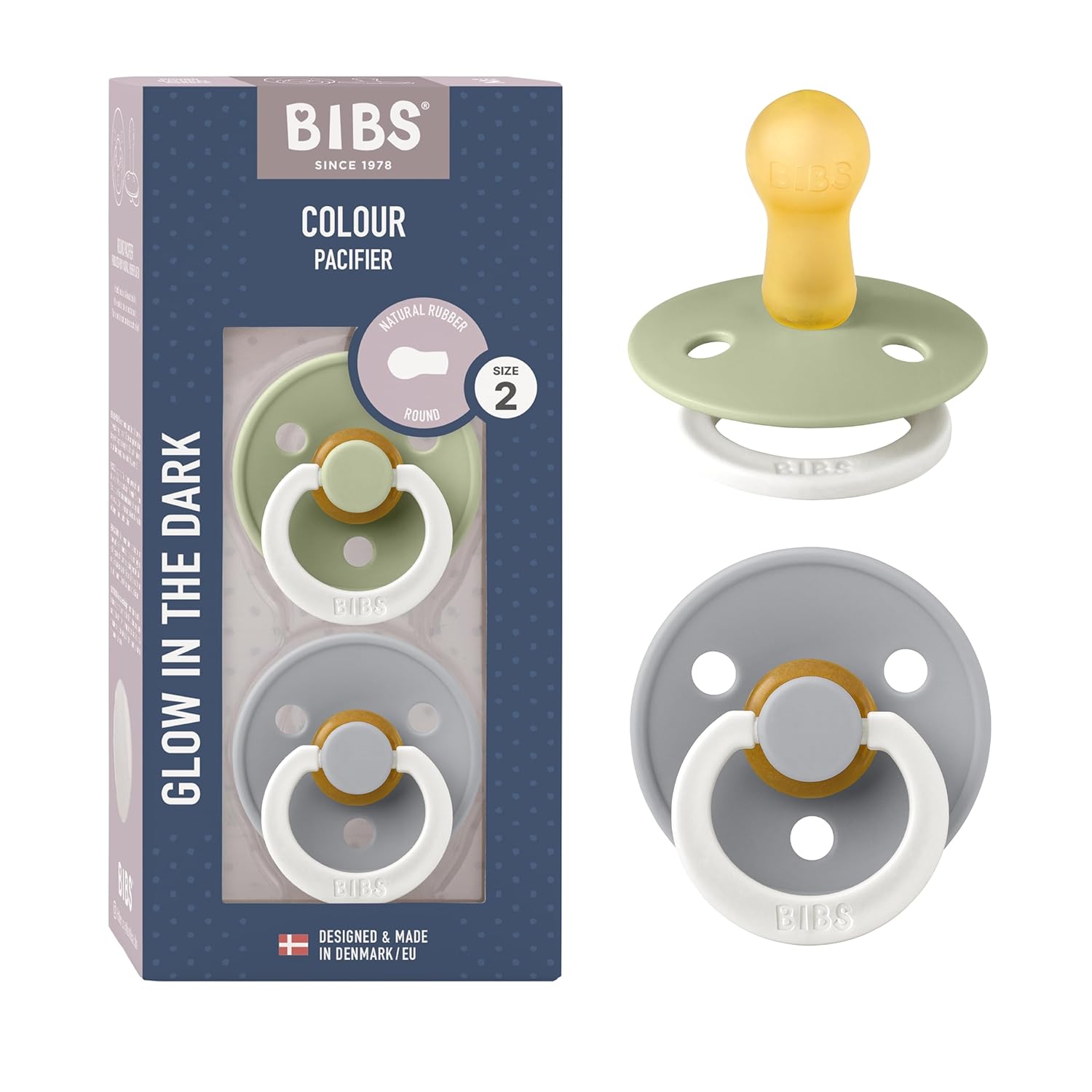 BIBS Colour Schnuller 2er-Pack, BPA-frei, Kirschform Nippel. Naturkautschuk/Latex, Hergestellt in Dänemark. Größe 1 | 0+ Monate | 2-Pack, Ivory/Sage