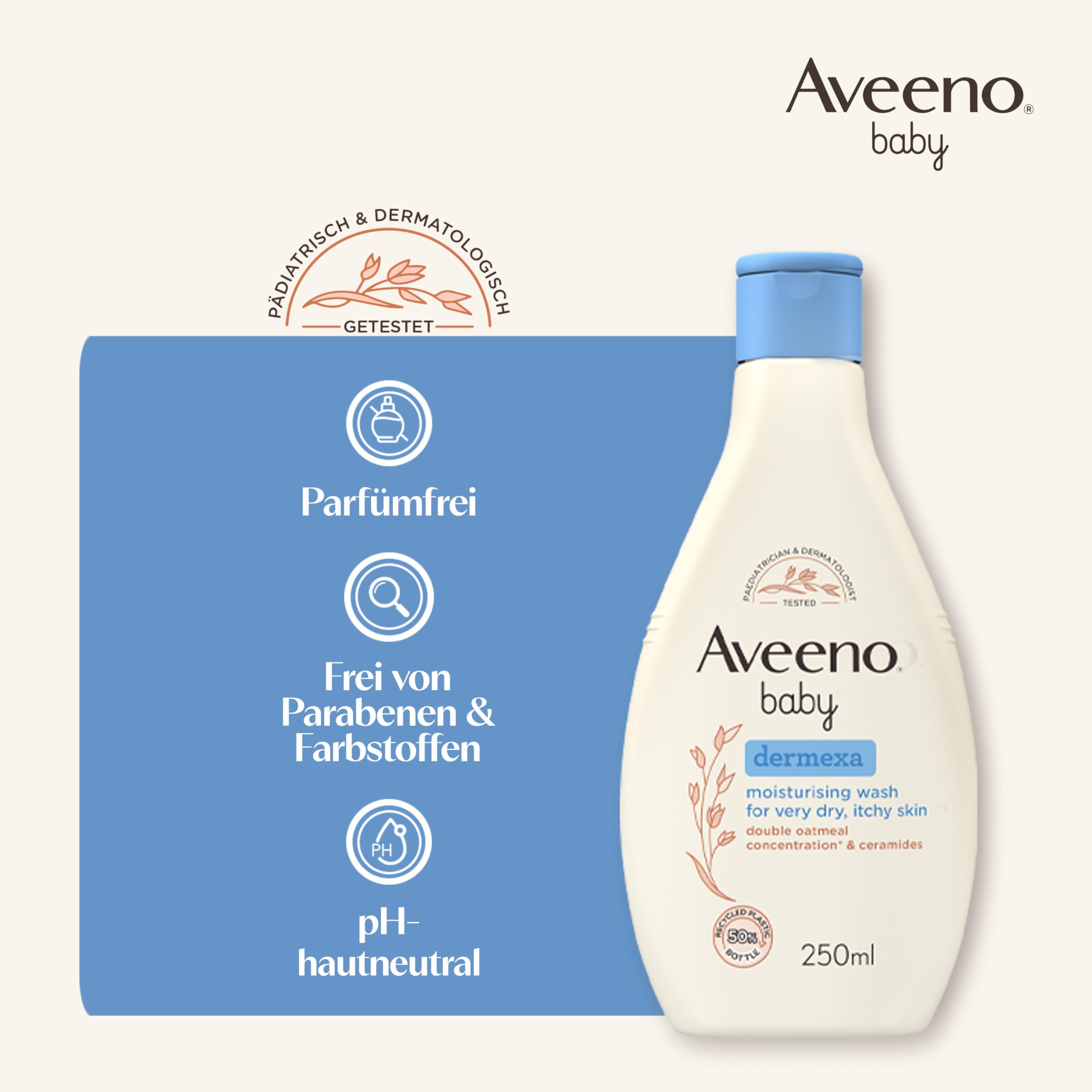 Aveeno® baby dermexa Emollientien Creme mit präbiotischem Hafermehl, Ceramiden & Panthenol für sehr trockene, juckende und zu Neurodermitis neigende Haut, 150 ml