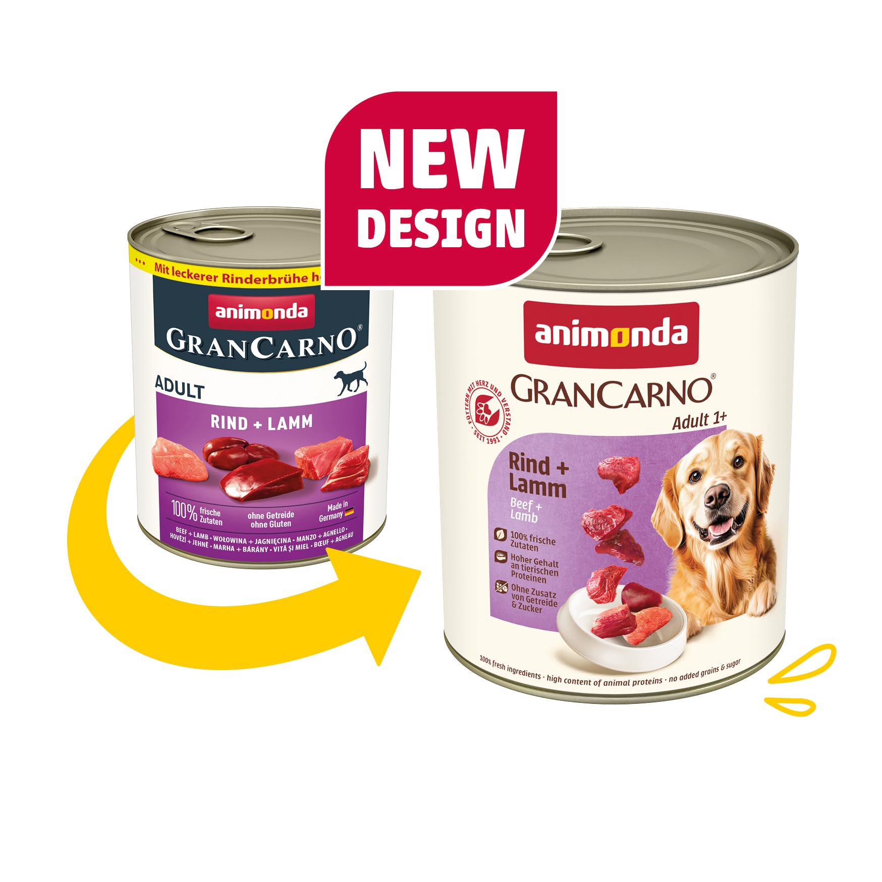 animonda GranCarno Hunde Nassfutter mit Rind + Entenherzen (6 x 800 g), getreidefreies Hundenassfutter ohne Zucker, für ausgewachsene Hunde, mit frischen fleischigen Zutaten