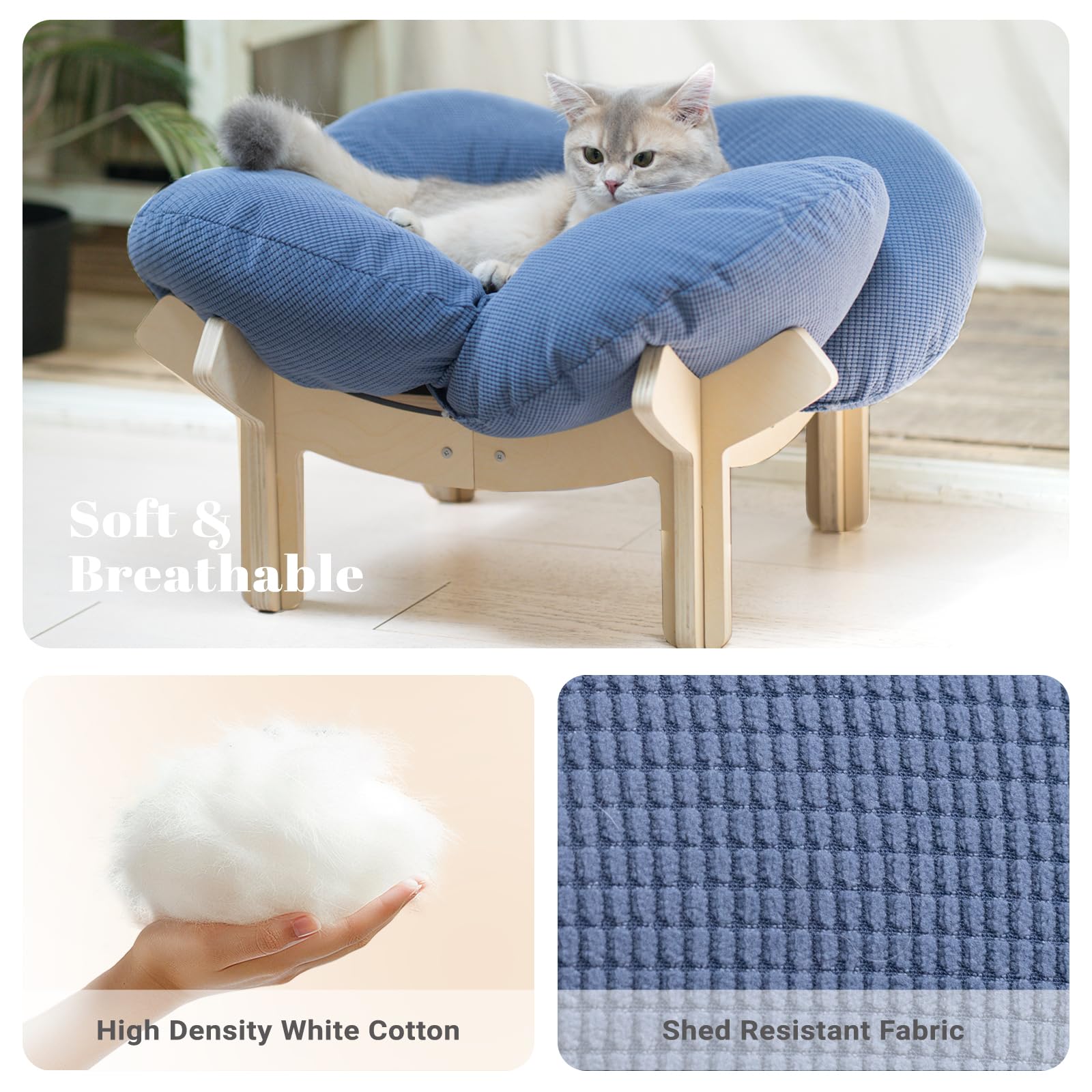 CheerPals Erhöhtes Katzenbett Blumenform, 55cm L&W Großes Katzensofa, Stilvoll Katzenstuhl mit Hochelastischer Weich Kissen, Katzenmöbel zum Schlafen für Alle Katze