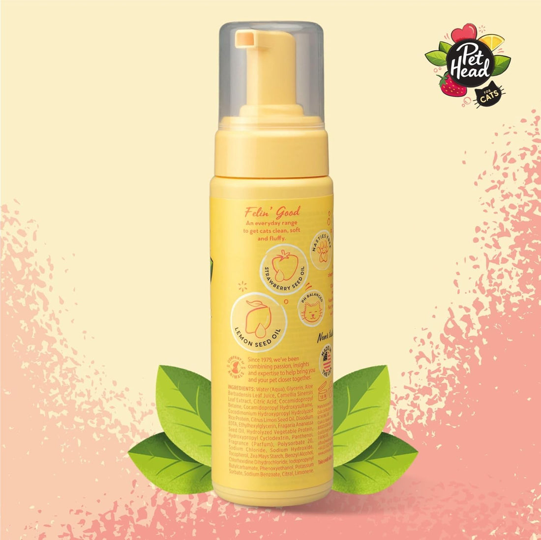 Pet Head Felin' Good Schaumshampoo ohne Ausspülen für Katzen | Zitronenbeeren-Duft | Pflegt & Beruhigt das Fell Ihres Katzens | Schnell & Einfach zu Bedienen | Sanfte Formel für Kätzchen | 200ml