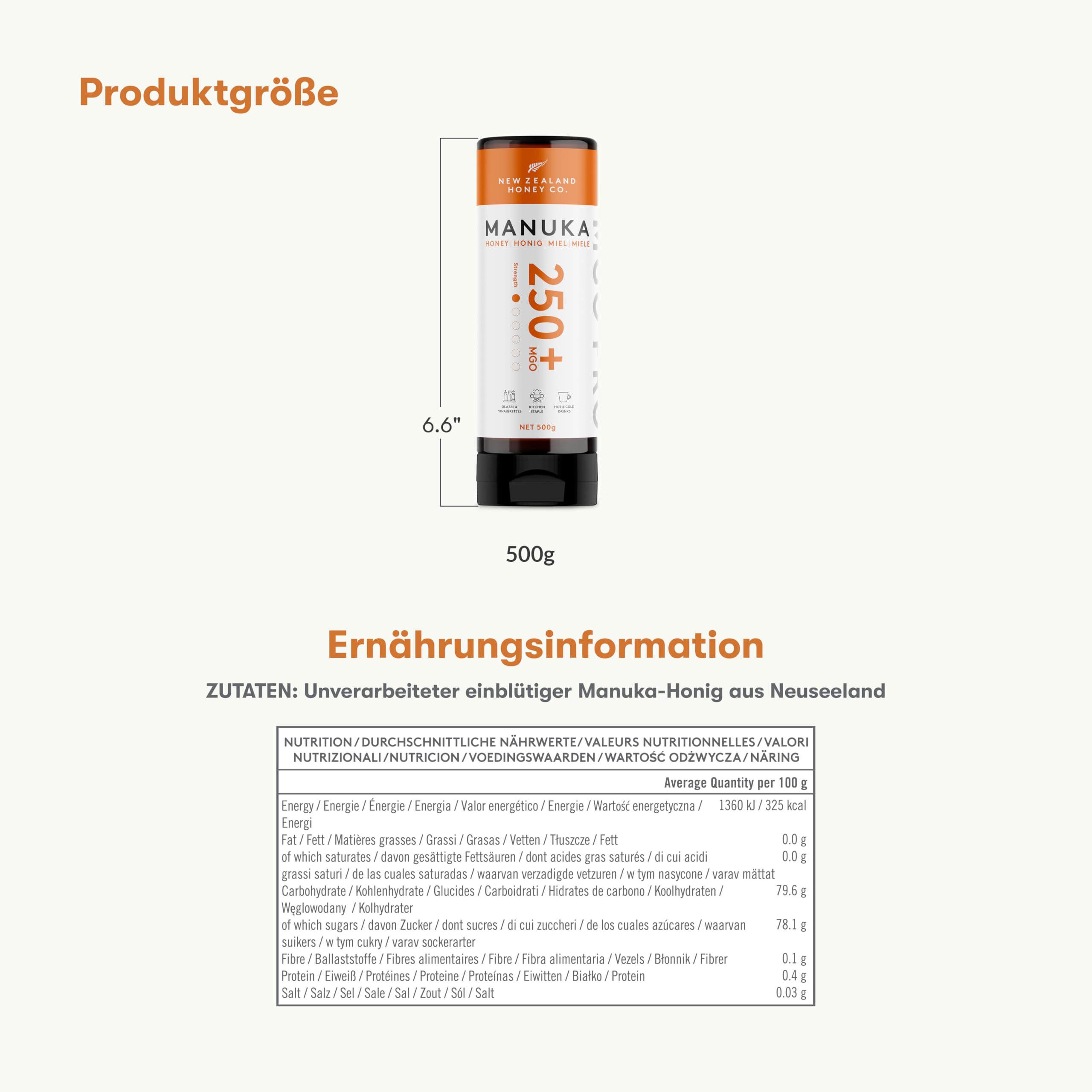 New Zealand Honey Co. Manuka Honig MGO 400+ | 500g Quetschflasche | Aktiv und Roh | Hergestellt in Neuseeland | Zertifiziertem Methylglyoxal Gehalt | 500g