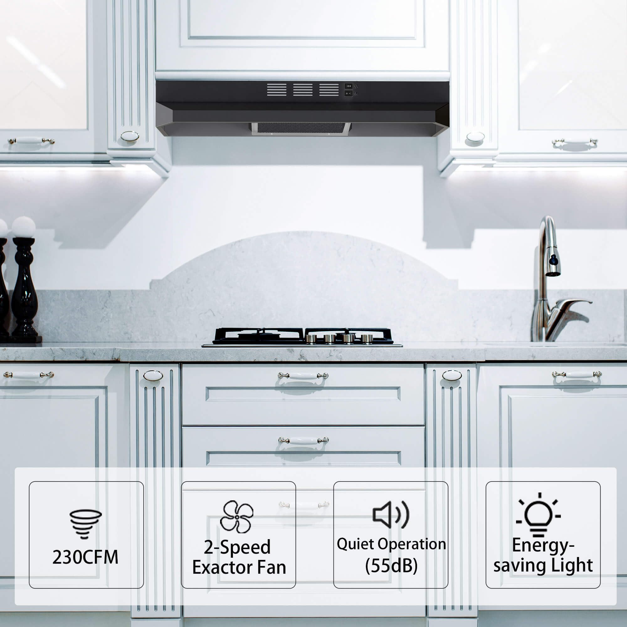 SNDOAS Range Hood 30 inch Under Cabinet, Ducted/Ductless Convertible Kitchen Hood, Stainless Steel Vent Hood with LED Light,Under Cabinet Hood with 2 Speed Exhaust Fan,Black