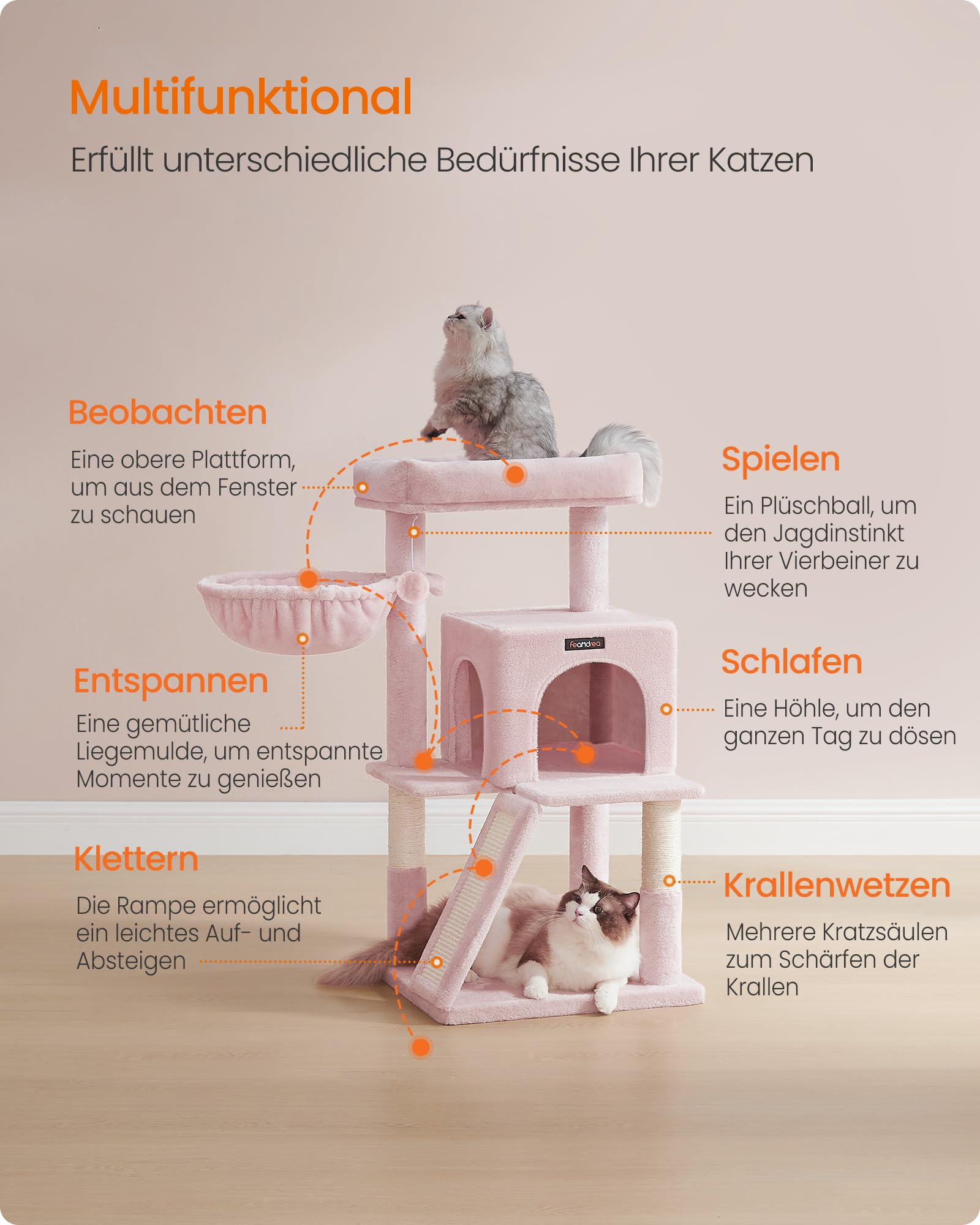 Feandrea Kratzbaum, 96 cm hoch, Katzenbaum mit großer Plattform, Katzenkratzbaum mit Katzenhöhle, Hängematte, Kratzrampe, Plüschball, weicher Plüsch, hellgrau PCT51W