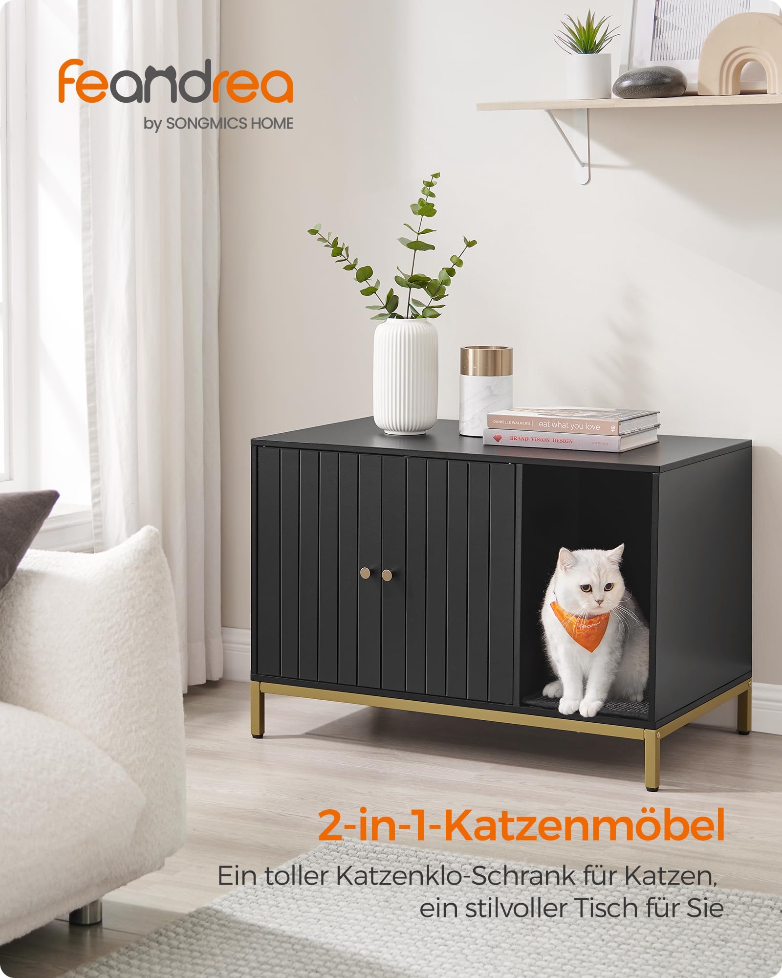 Feandrea Katzenklo-Schrank, Katzenhaus, Katzentoilette, mit Kratzmatte, hohe Beine, für Katzen, Beistelltisch, 80 x 50 x 55 cm, weiß-goldfarben PCL007W01