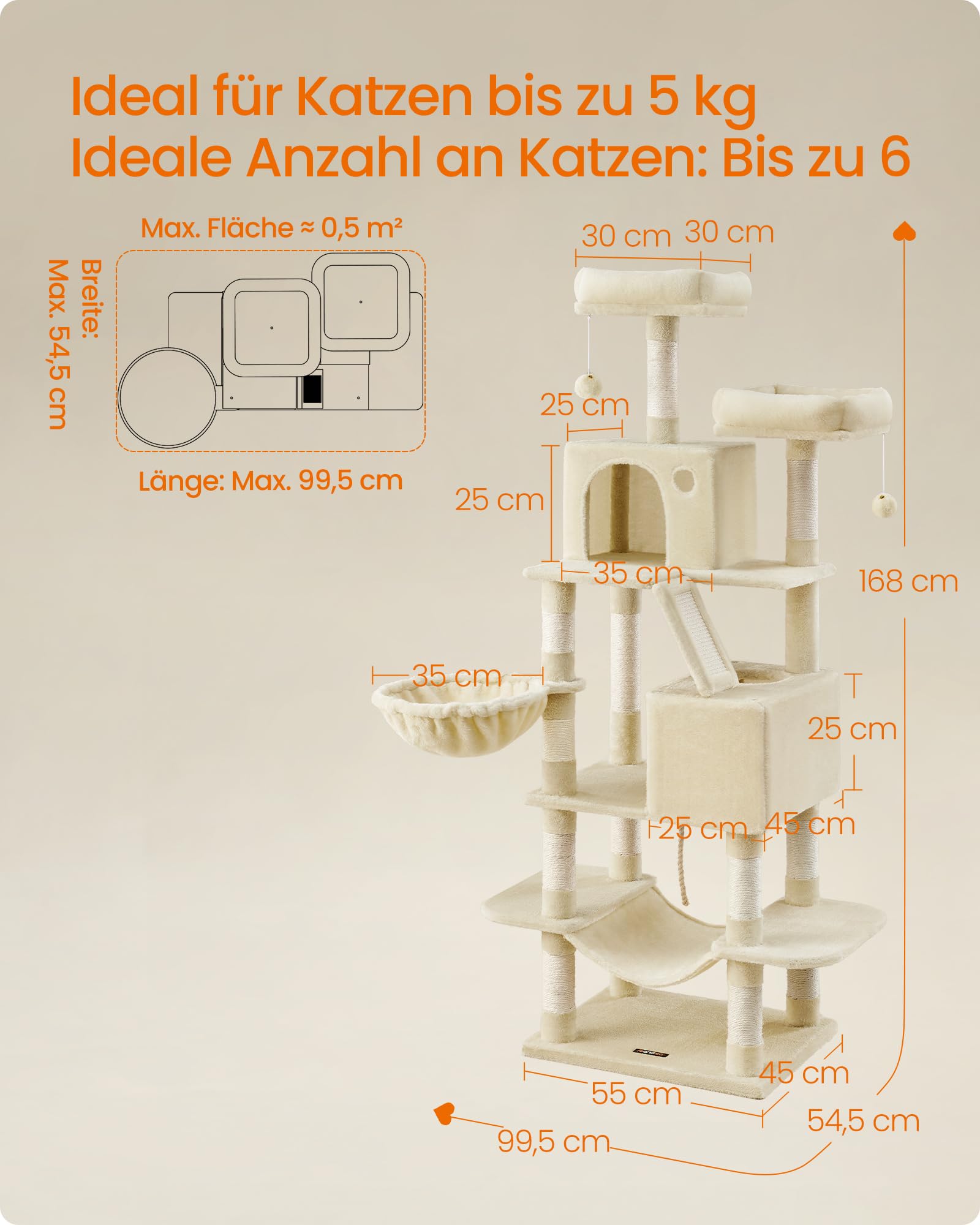 Feandrea Kratzbaum groß, 203,5 cm hoch, XXL Katzenbaum, mit 13 Kratzsäulen, 2 Plattformen, 2 Höhlen, Korb, Hängematte, Plüschbälle, mehrstöckiger Katzenkratzbaum, rauchgrau PCT190G01
