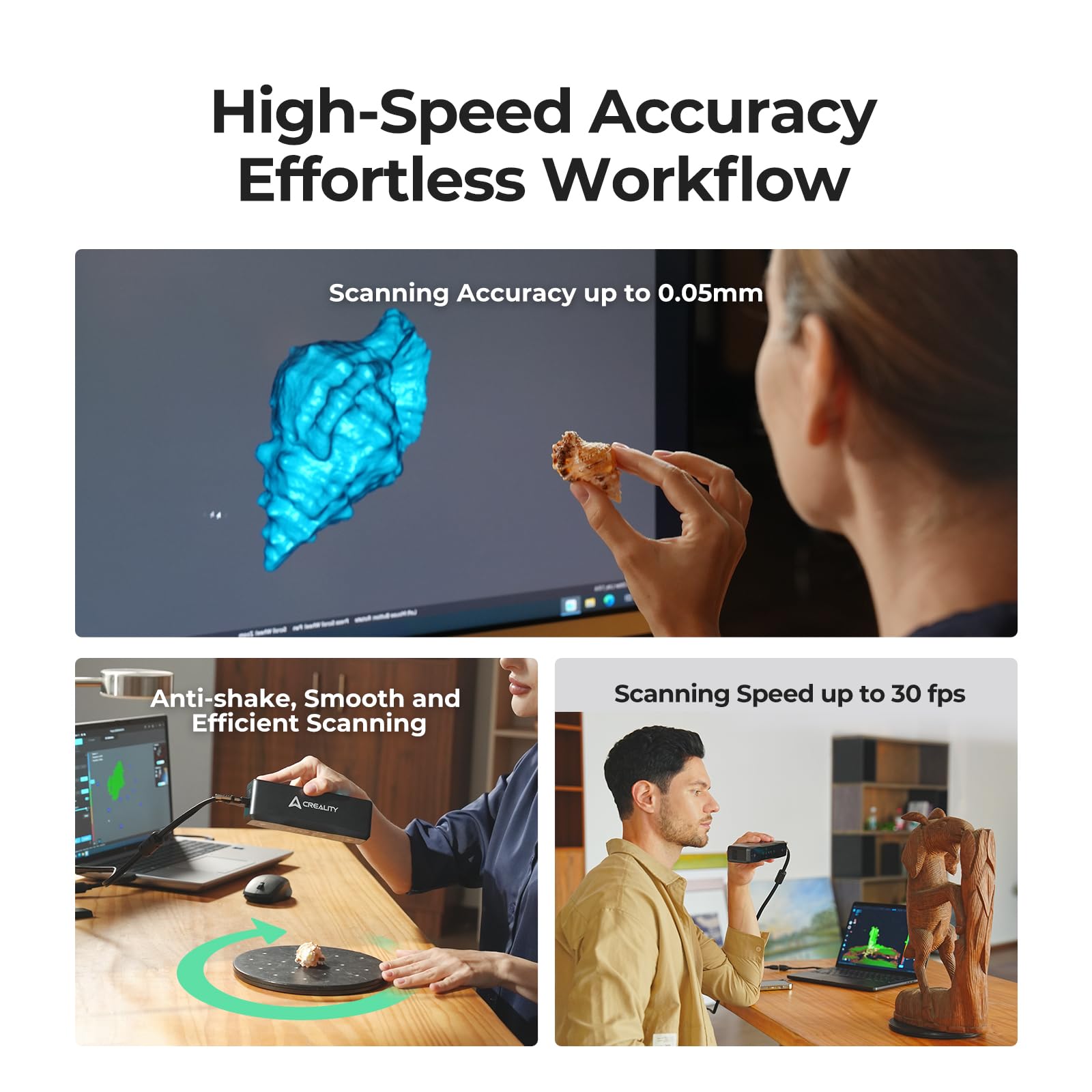 Creality 3D Scanner Raptor Pro and Scan Bridge Wireless Scanning, 3D Scanner for 3D Printing, High Precision 0.02mm, 60FPS Scanning Speed, 22+7 Blue Laser Lines