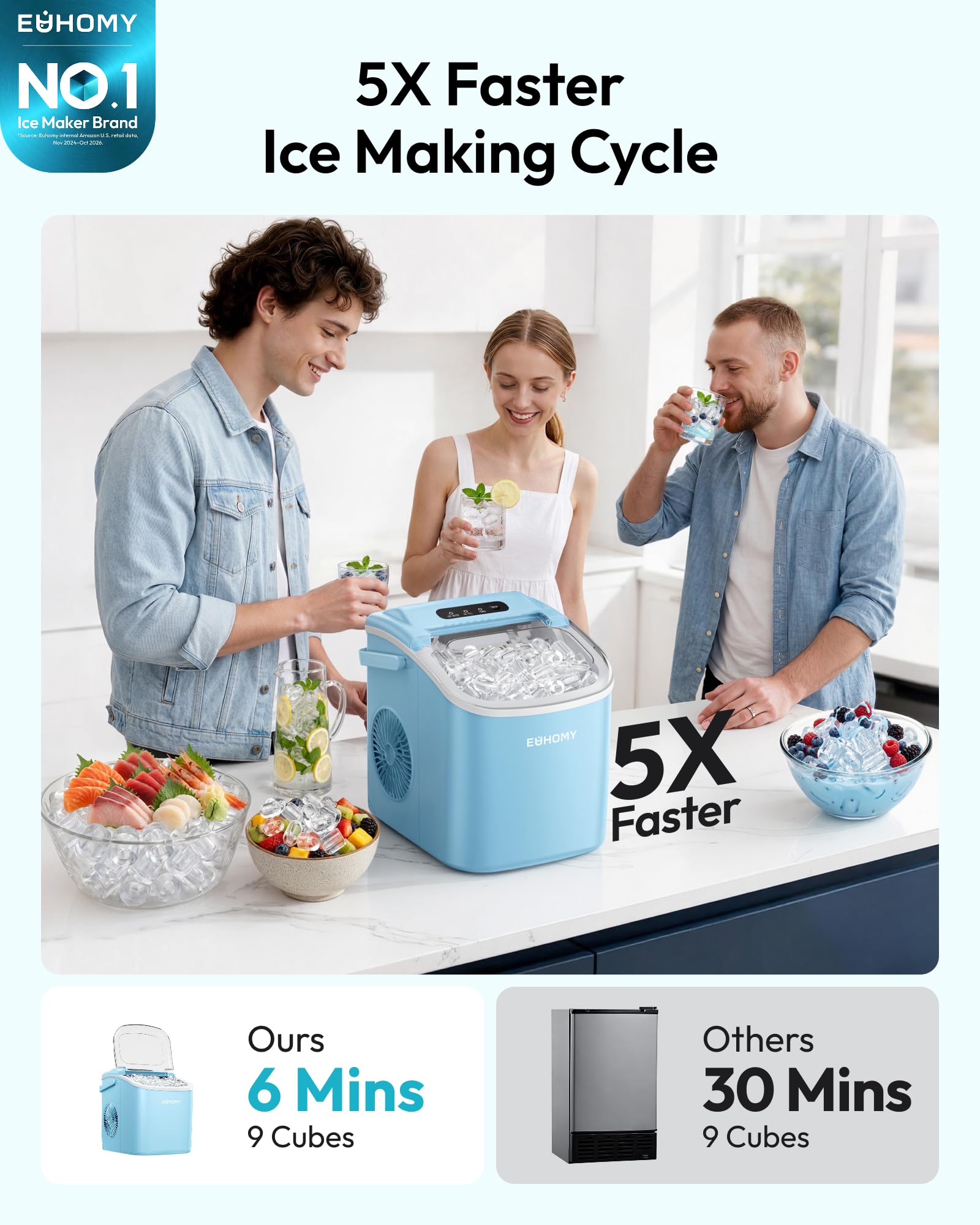 EUHOMY Countertop Ice Maker Machine with Handle, 26lbs in 24Hrs, 9 Ice Cubes Ready in 6 Mins, Auto-Cleaning Portable Ice Maker with Basket and Scoop, for Home/Kitchen/Camping/RV. (Black)