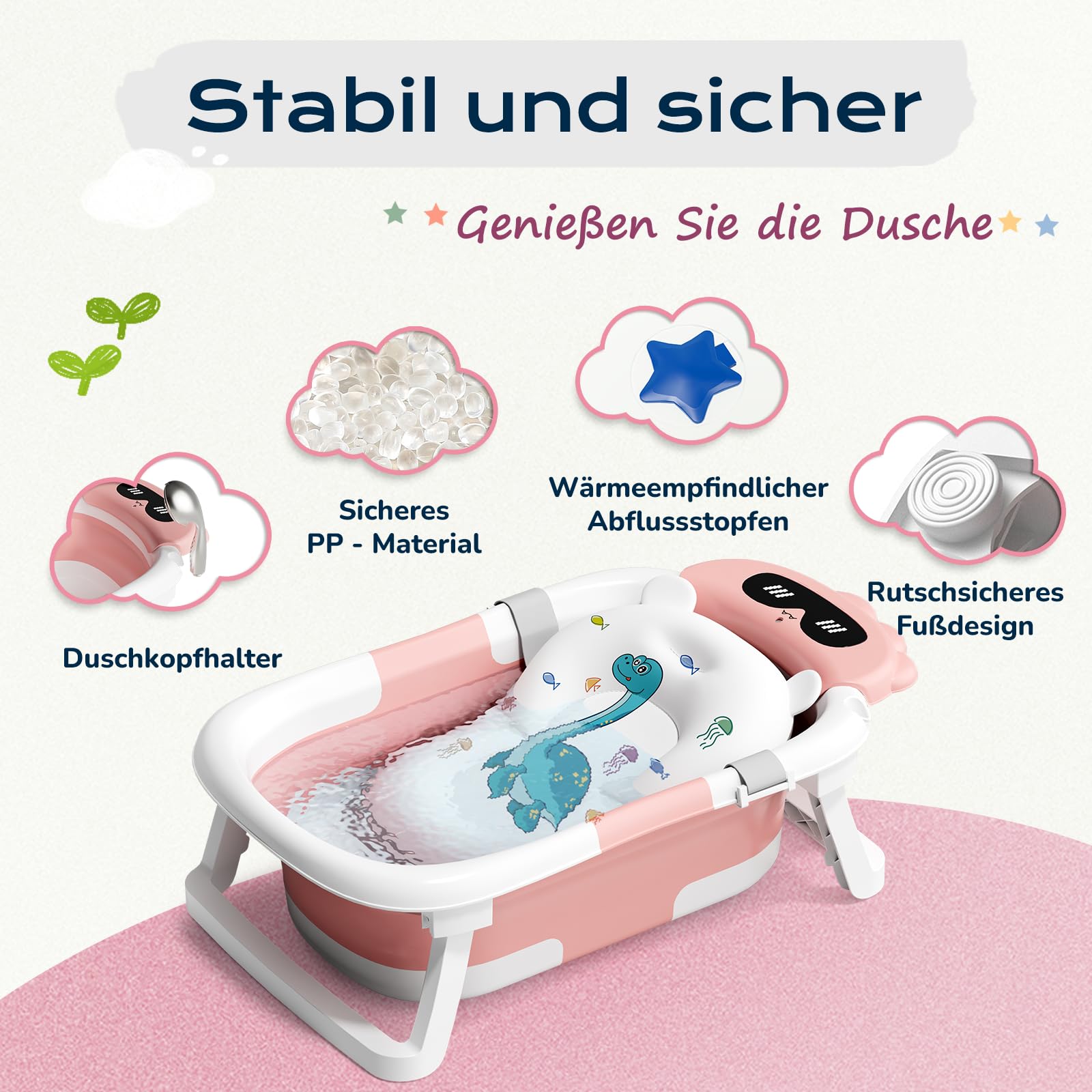 COOSEYA Baby Badewanne für 0-18 Monate, Faltbare Babywanne mit Babybadewanne Stützkissen, Portable Baby Bathtub als Wesentliche Artikel für Neugeborene und Kleinkind, Dinosaurier - Design (Grau)