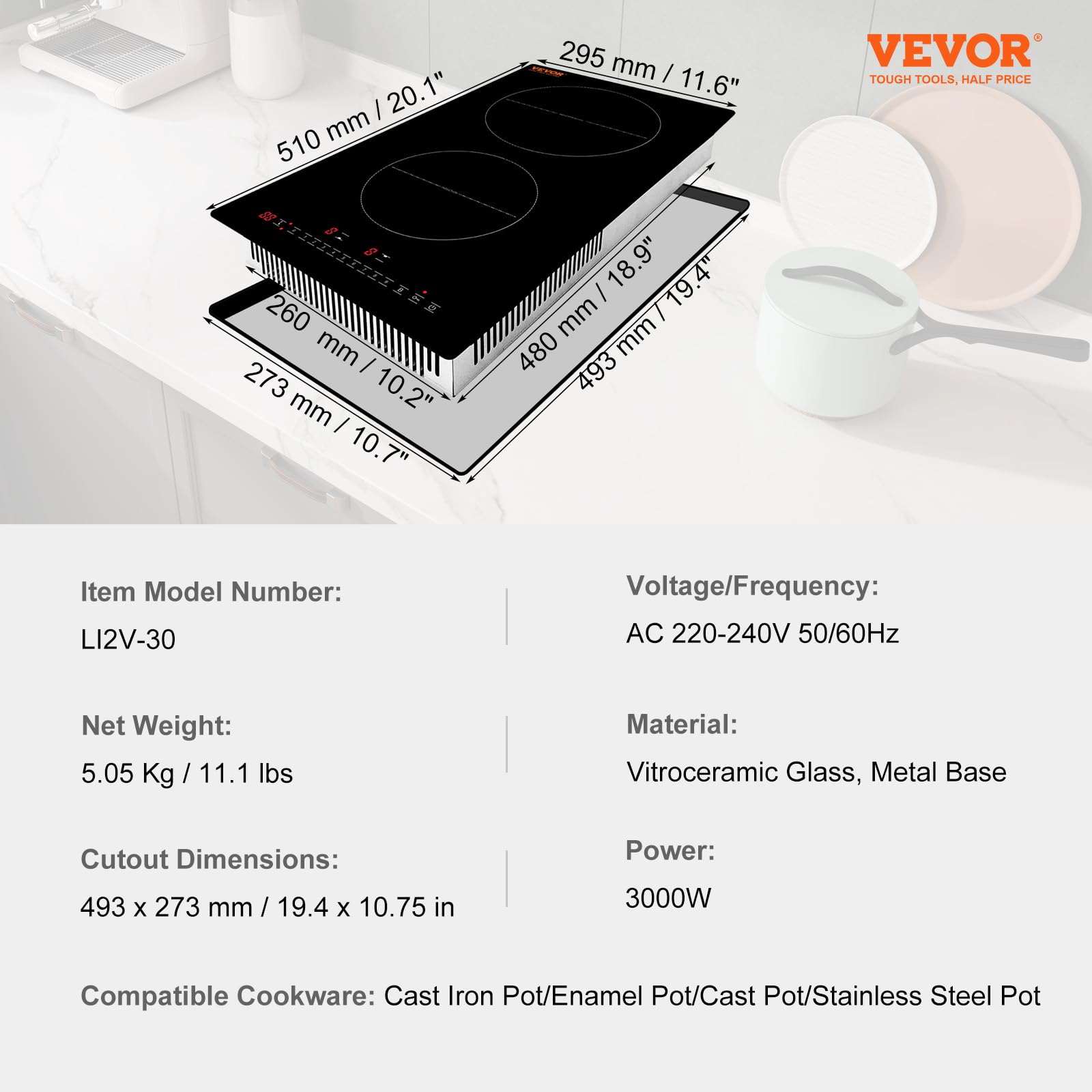 VEVOR Built-in Induction Electric Stove Top 30 Inch,5 Burners Electric Cooktop,9 Power Levels & Sensor Touch Control,Easy to Clean Ceramic Glass Surface,Child Safety Lock,240V