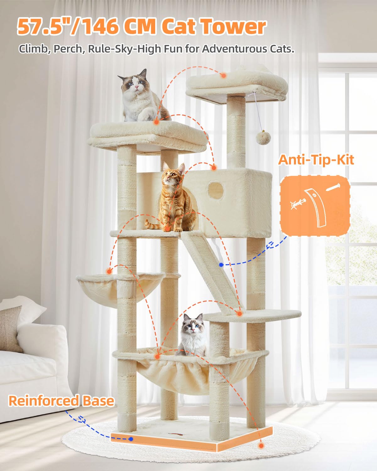 Taoqimiao 180CM Kratzbaum Groß, Katzenbaum Katzen Kratzbaum Grosse Katzen Stabil mit 2 Katzenhaus, Metallhängematte, Korb, 8 Kratzsäulen, Katzenkratztafel, MS026LM Beige