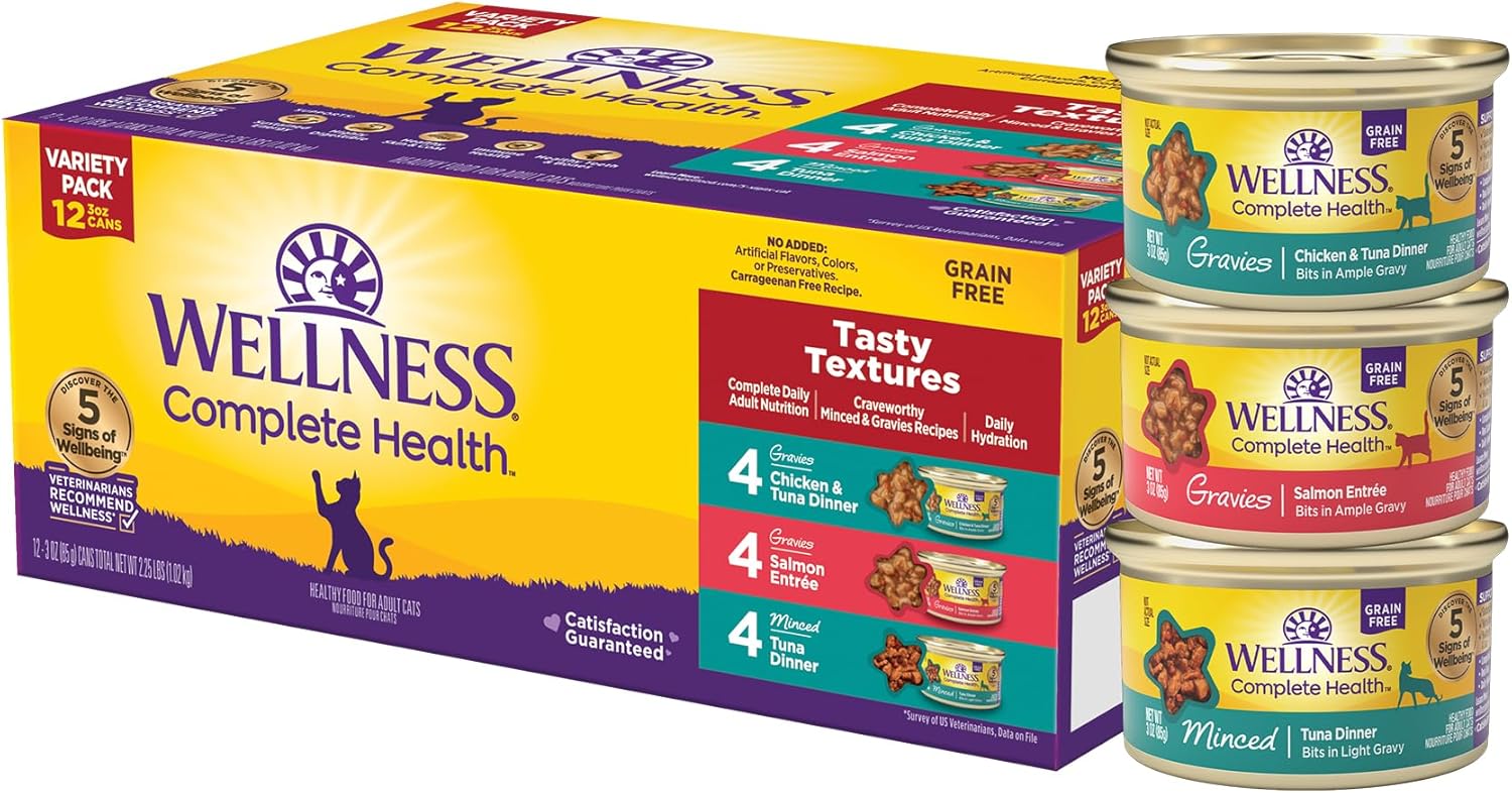 Wellness Complete Health Pate Adult Wet Cat Food, Natural, Protein-Rich, Grain-Free, 3 Ounce, 24 Pack, (Chicken & Turkey Variety Pack)