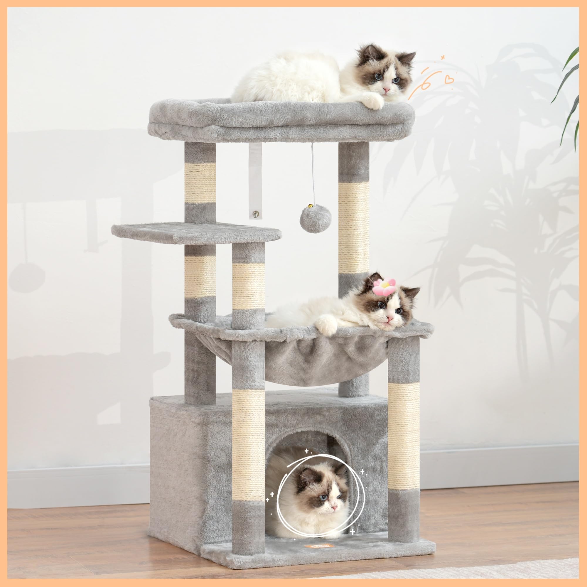 Heybly Kratzbaum, Katzenbaum mit Extra Großem, Weichem Katzenkorb, Katzenkratzbaum mit Geräumigem Katzenbett und Verstecktem Schlafplatz, Robusten Sisal-Kratzsäulen, Hellgrau HCT008SW