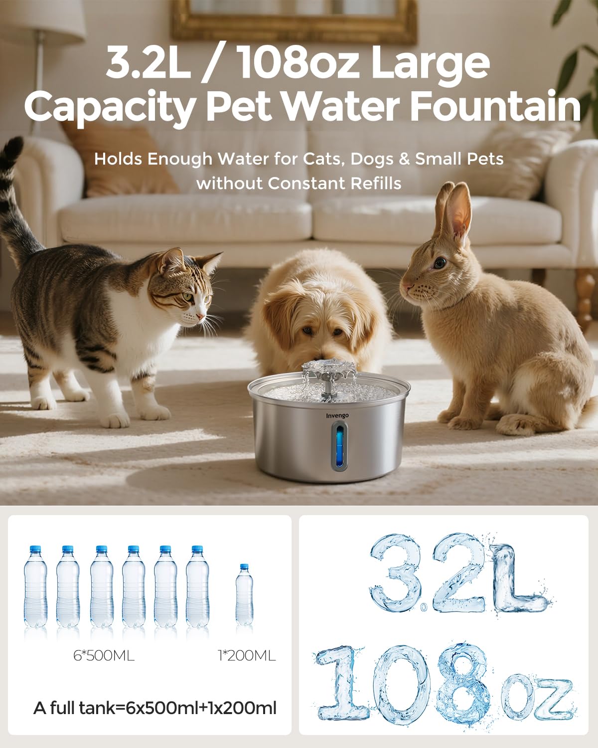 Invengo MeowFlow B30 Trinkbrunnen für Katzen, 2,2L Edelstahl-Haustierbrunnen mit sichtbarem Wasserfenster, einfach zu reinigen und installieren, inkl. 4 Ersatzfilter, spritzwassergeschütztes Design