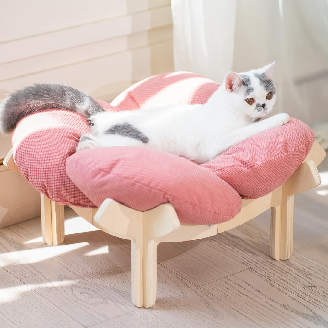 CheerPals Erhöhtes Katzenbett Blumenform, 55cm L&W Großes Katzensofa, Stilvoll Katzenstuhl mit Hochelastischer Weich Kissen, Katzenmöbel zum Schlafen für Alle Katze