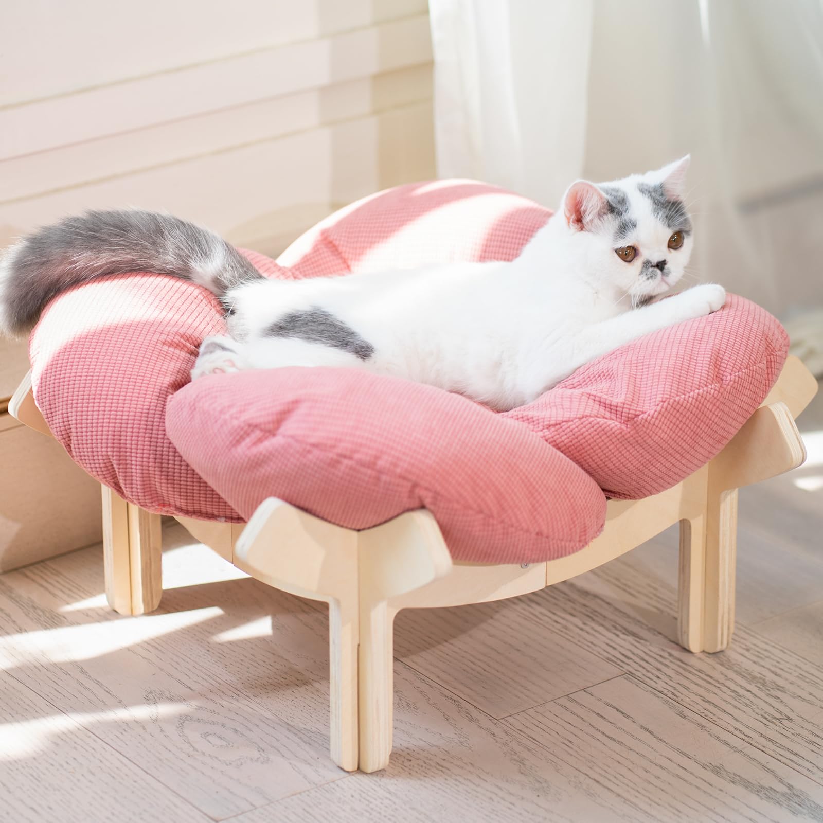CheerPals Erhöhtes Katzenbett Blumenform, 55cm L&W Großes Katzensofa, Stilvoll Katzenstuhl mit Hochelastischer Weich Kissen, Katzenmöbel zum Schlafen für Alle Katze