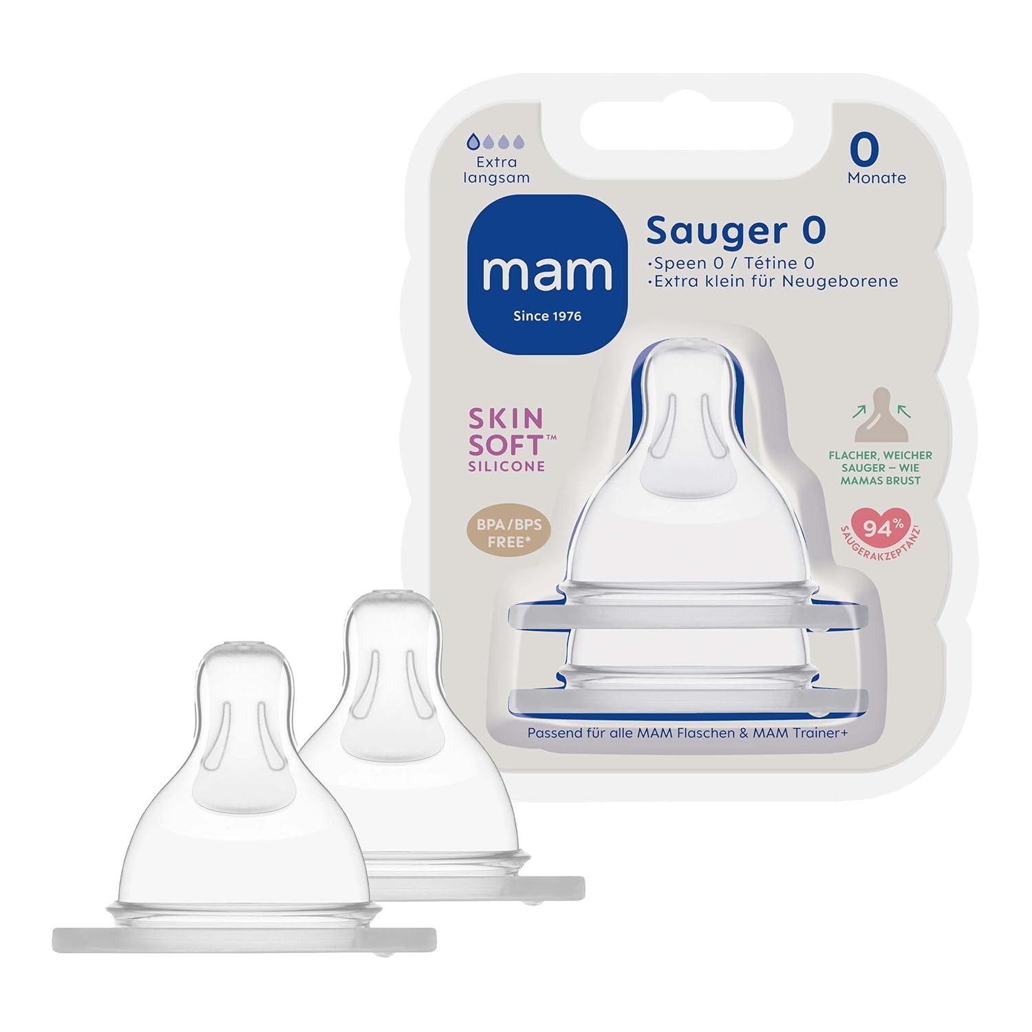 MAM Sauger Größe 1 im Doppelpack, Flaschensauger (Durchflussrate langsam), weicher Trinksauger passend für Flaschen/Trainer, ab der Geburt
