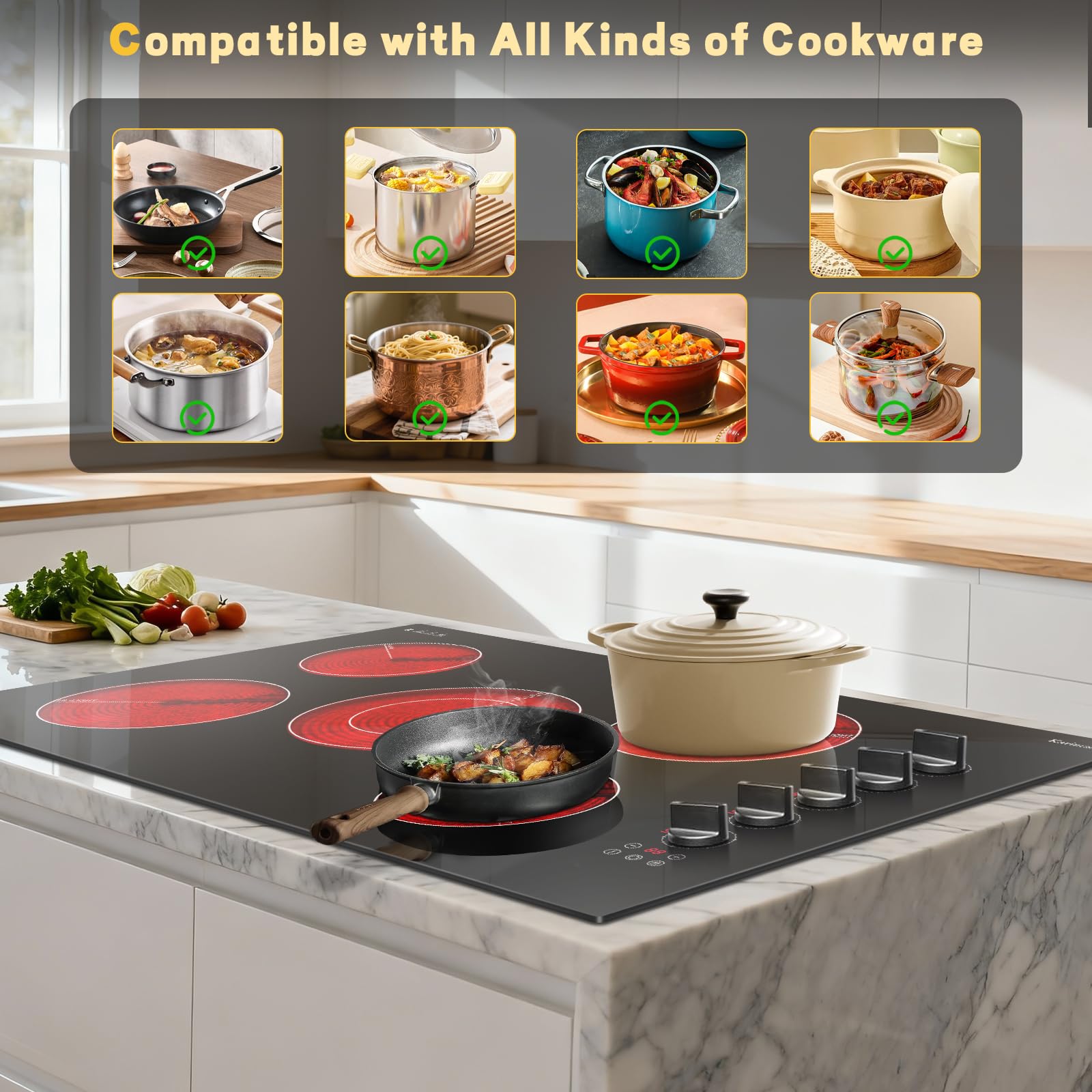 Karinear 30 Inch Electric Cooktop 4 Burners, Knob Control Built-in Ceramic Cooktop, 30" Radiant Electric Stove Top with Glass Protection Metal Frame,Fits Most Existing Cutouts, 220-240v, Hard Wire