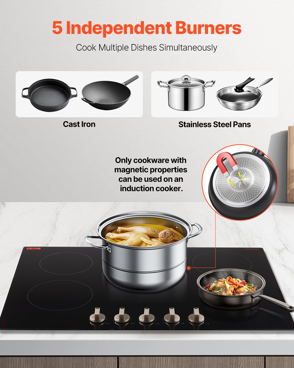 VEVOR Built-in Induction Electric Stove Top 30 Inch,5 Burners Electric Cooktop,9 Power Levels & Sensor Touch Control,Easy to Clean Ceramic Glass Surface,Child Safety Lock,240V