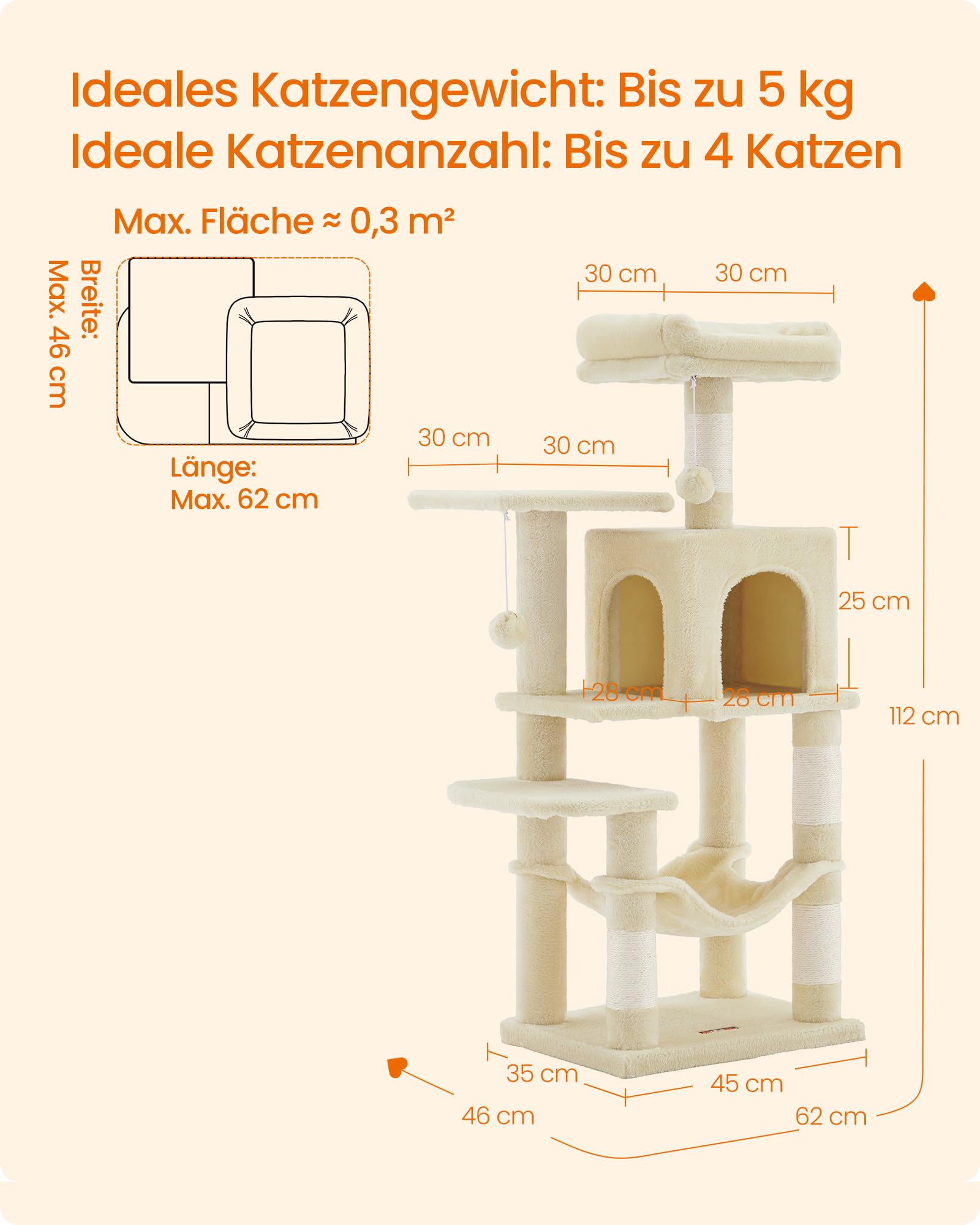 Feandrea Kratzbaum, 143 cm hoch, Katzenbaum, mehrstöckiges Katzenhaus, mit 4 Kratzsäulen, 2 Plattformen, Hängematte, Höhle, hellgrau PCT161W01