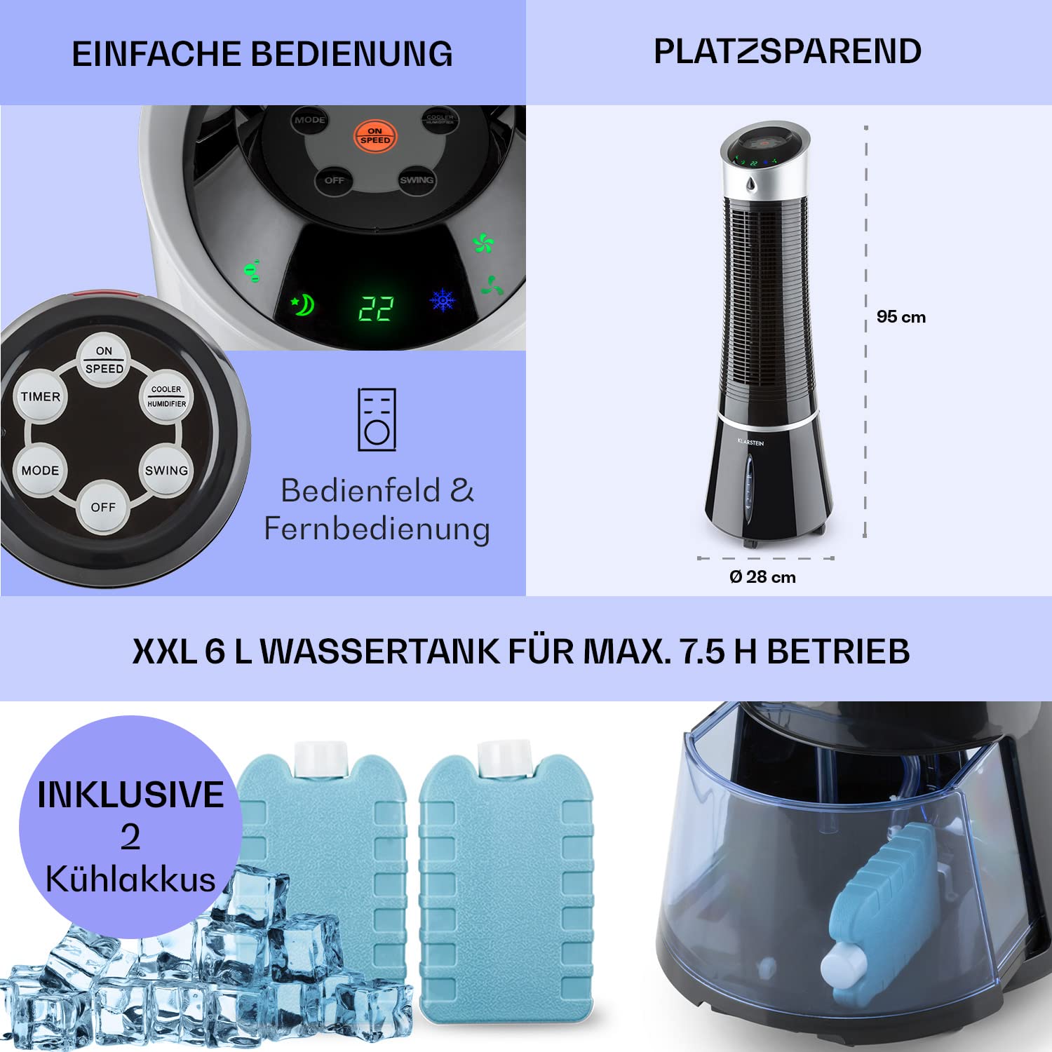 Klarstein Luftkühler mit Wasserkühlung, 5-in-1 Verdunstungskühler, Luftbefeuchter, Ventilator, Luftreiniger & Nachtmodus, Mobile Klimageräte Luftkühler 6L, 45 Watt Air Cooler, 180 m³/h Luftstrom