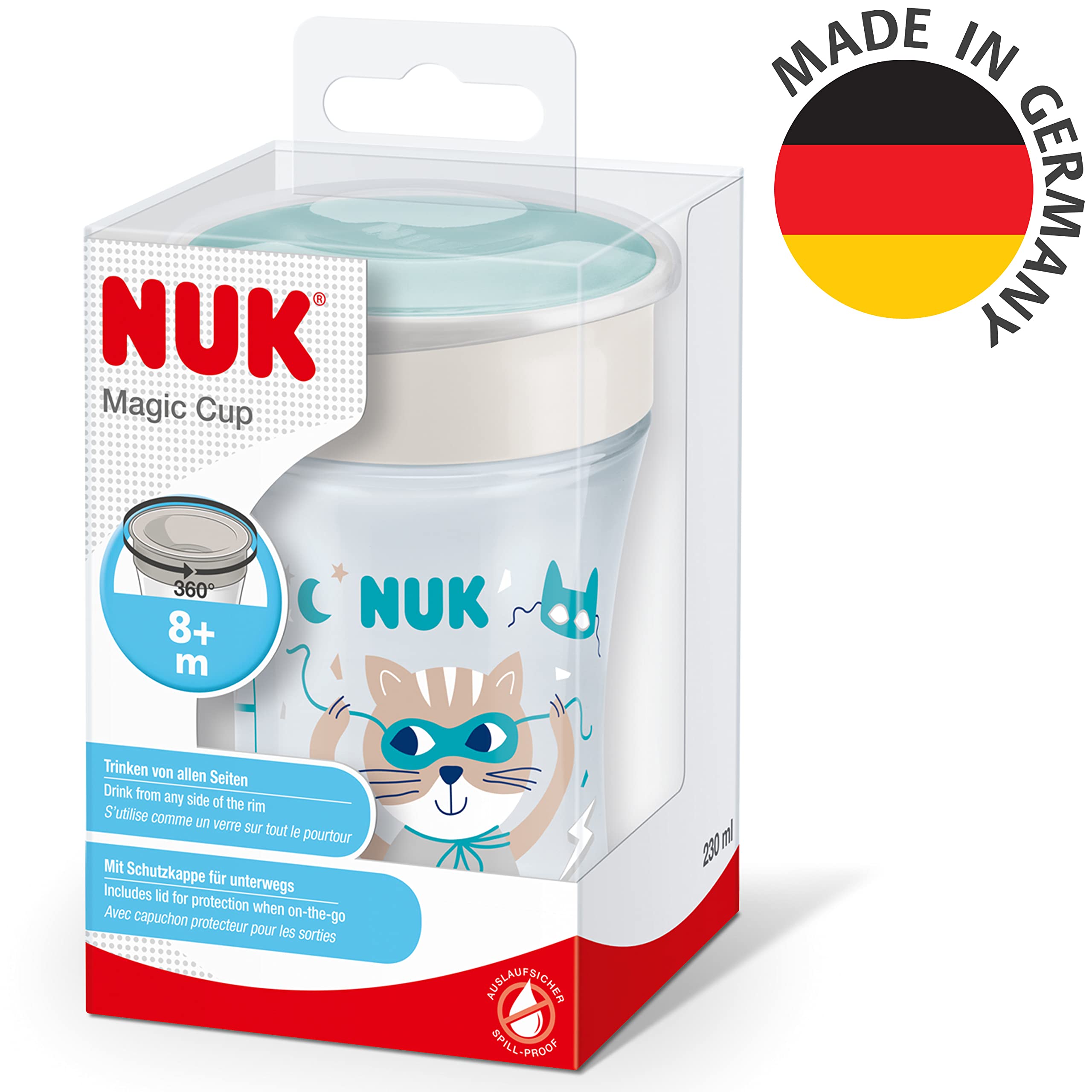 NUK Magic Cup Trinklernbecher | 8+ Monate | 230 ml | auslaufsicherer 360°-Trinkrand | BPA-frei | blauer Igel