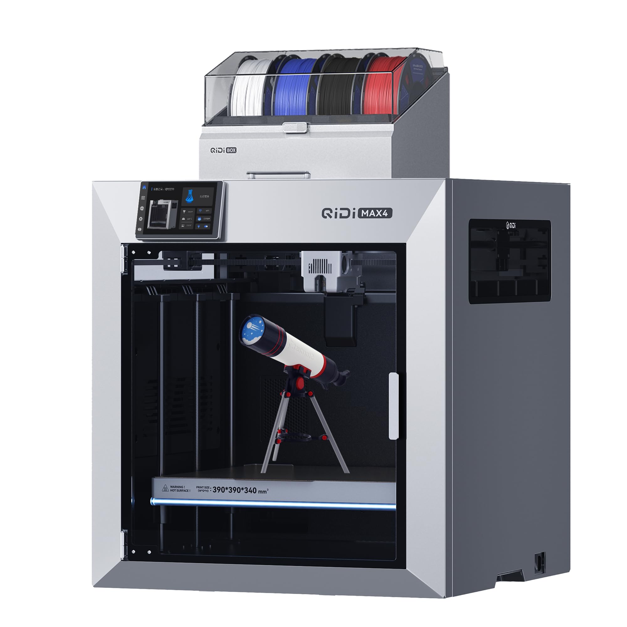QIDI Max4 Combo 3D Printer, 390×390×340mm Large Build Volume, 65℃ Heated Chamber FDM 3D Printers, Max 800mm/s High Speed, Supports Up to 16-Colors/Multi Materials with QIDI BOX, Auto Bed Leveling