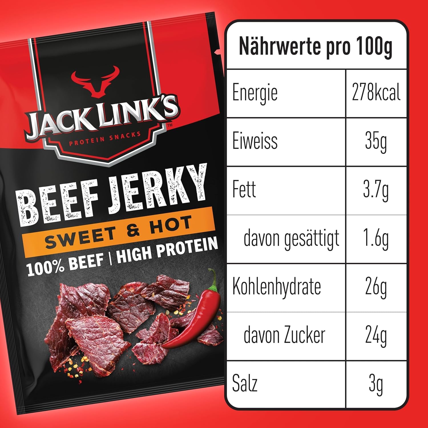 Jack Links Beef Jerky Original – 12er Pack (12 x 25g) – Trockenfleisch Eiweiß Snacks - High Protein Snack für Gym, Fitness, Outdoor - American Food für Menschen - Dörrfleisch Chips aus Rind Fleisch