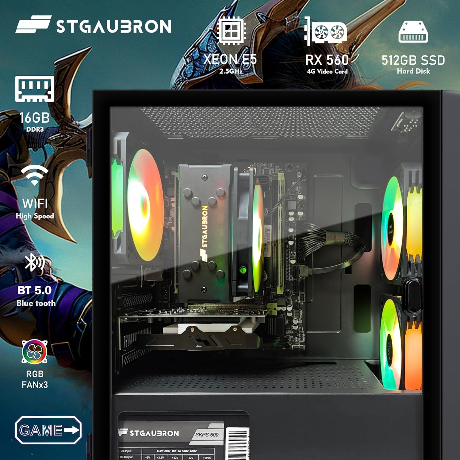 STGAubron Gaming PC Desktop Computer, Intel Core i7 up to 3.9GHz, Radeon RX 580 8G, 16G RAM, 512G SSD, WiFi 6, BT 5.0, RGB Fan x4, Windows 11 Home