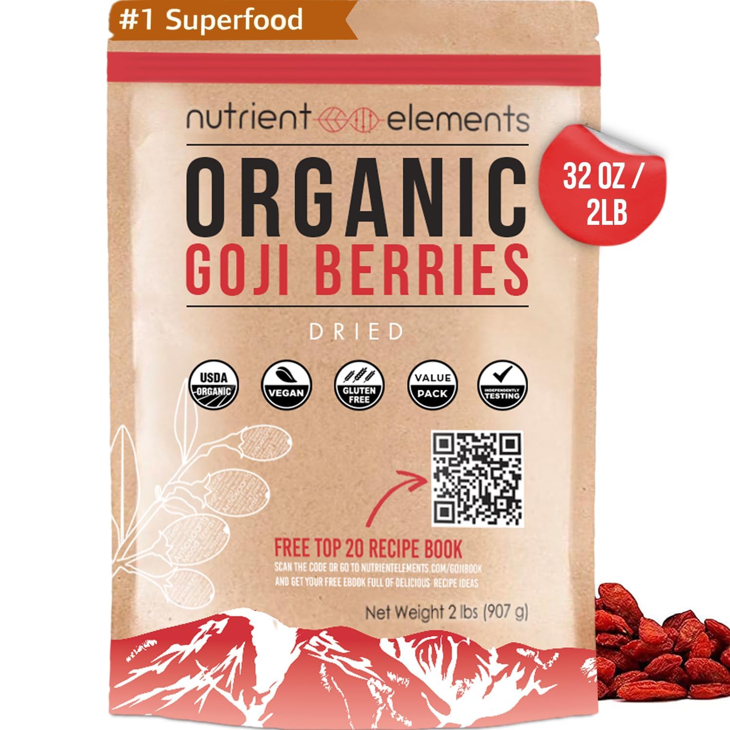 Nutrient Elements Goji Berries – 2 lb/32 oz – USDA Organic, Raw, Sun-Dried, Hand-Picked – Extra Large Dried Berries – Resealable Bag – Naturally Grown, No Additives