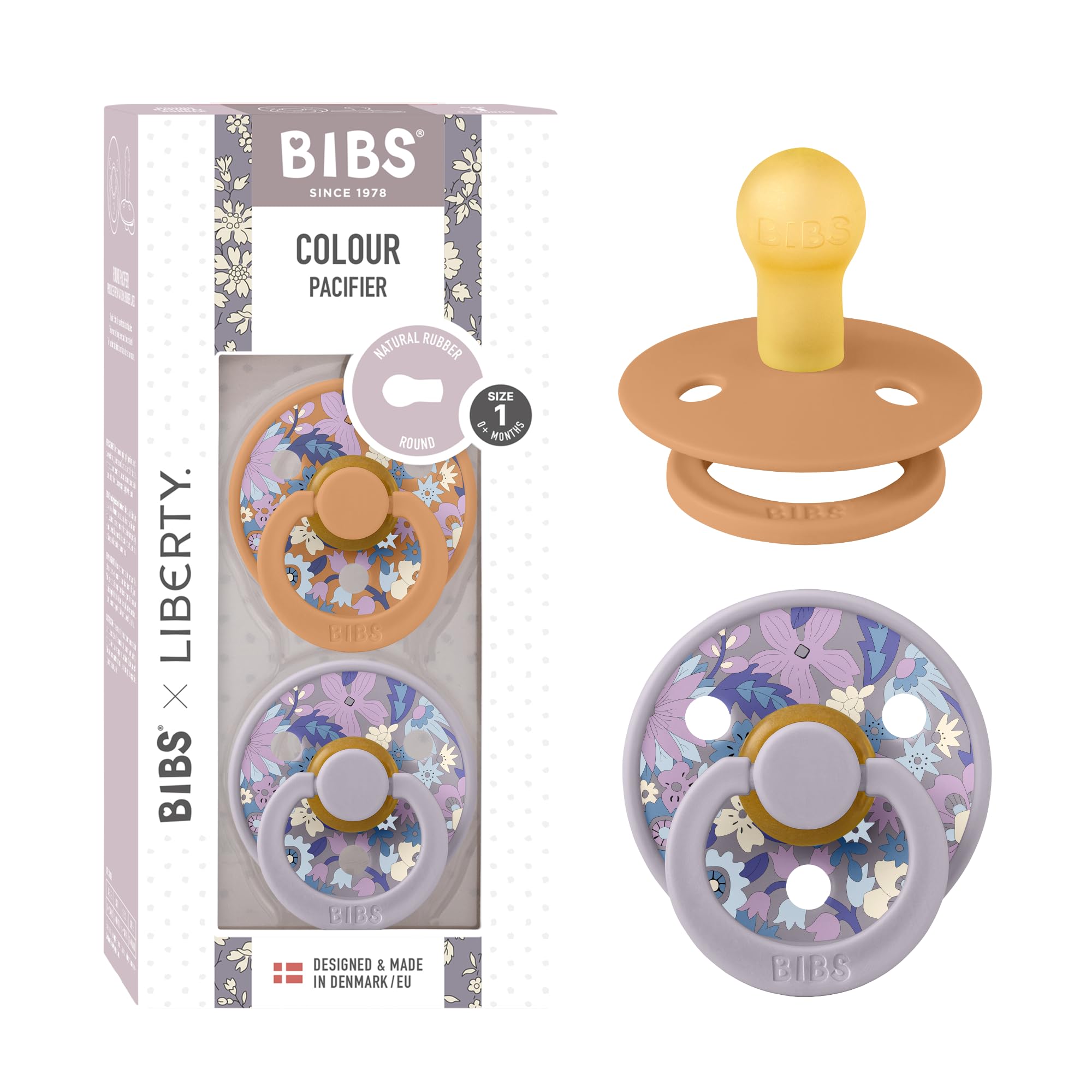 BIBS Colour Liberty Schnuller 2er-Pack, BPA-frei, Kirschform Nippel. Naturkautschuk/Latex, Hergestellt in Dänemark, Größe 2 (6-18 Monate), Chamomile Lawn Violet Sky