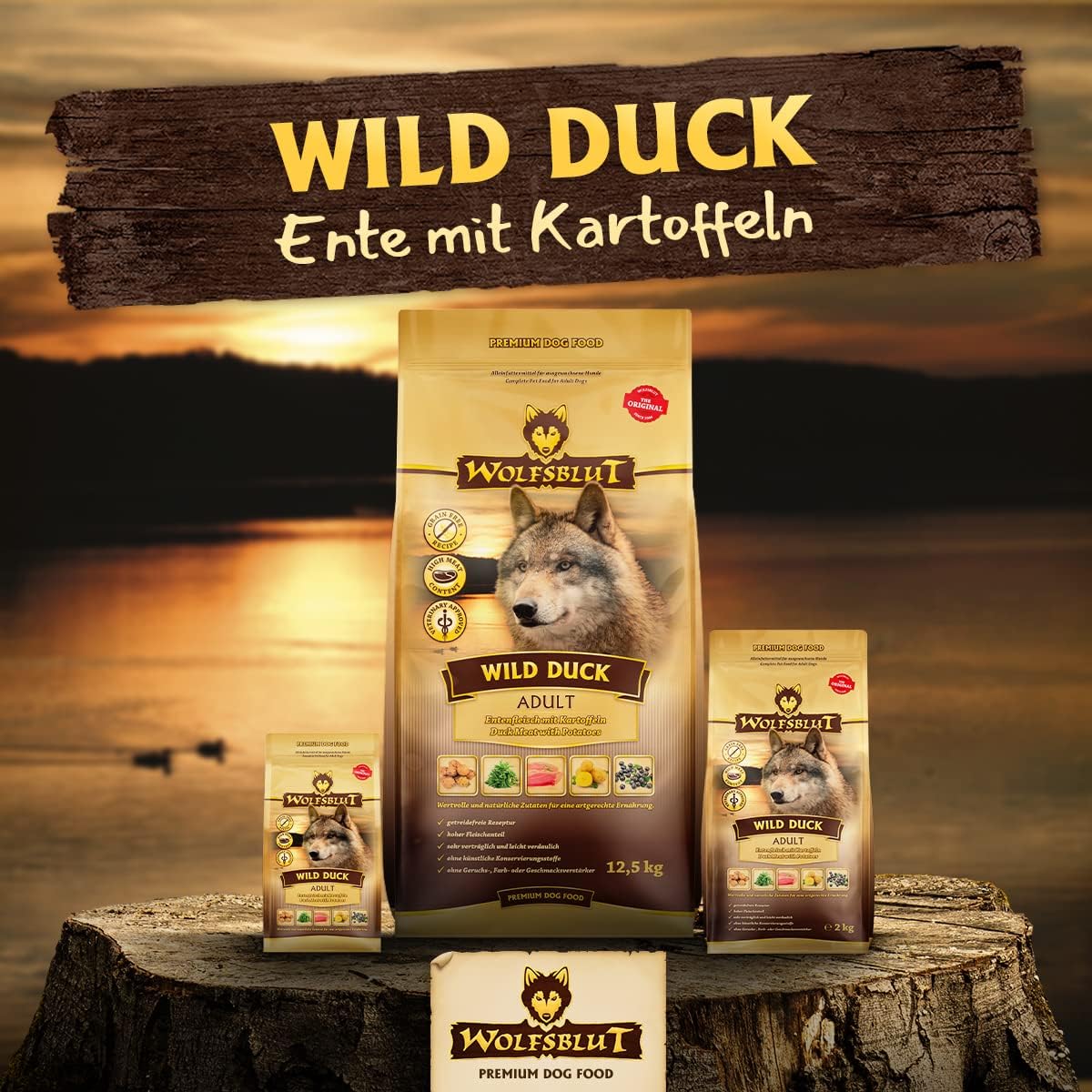 WOLFSBLUT – Wild Duck Adult | Trockenfutter mit natürlichen Zutaten und Superfoods für ausgewachsene Hunde. Getreidefreies Alleinfutter ohne Zusatzstoffe im Beutel | 12,5kg Ente