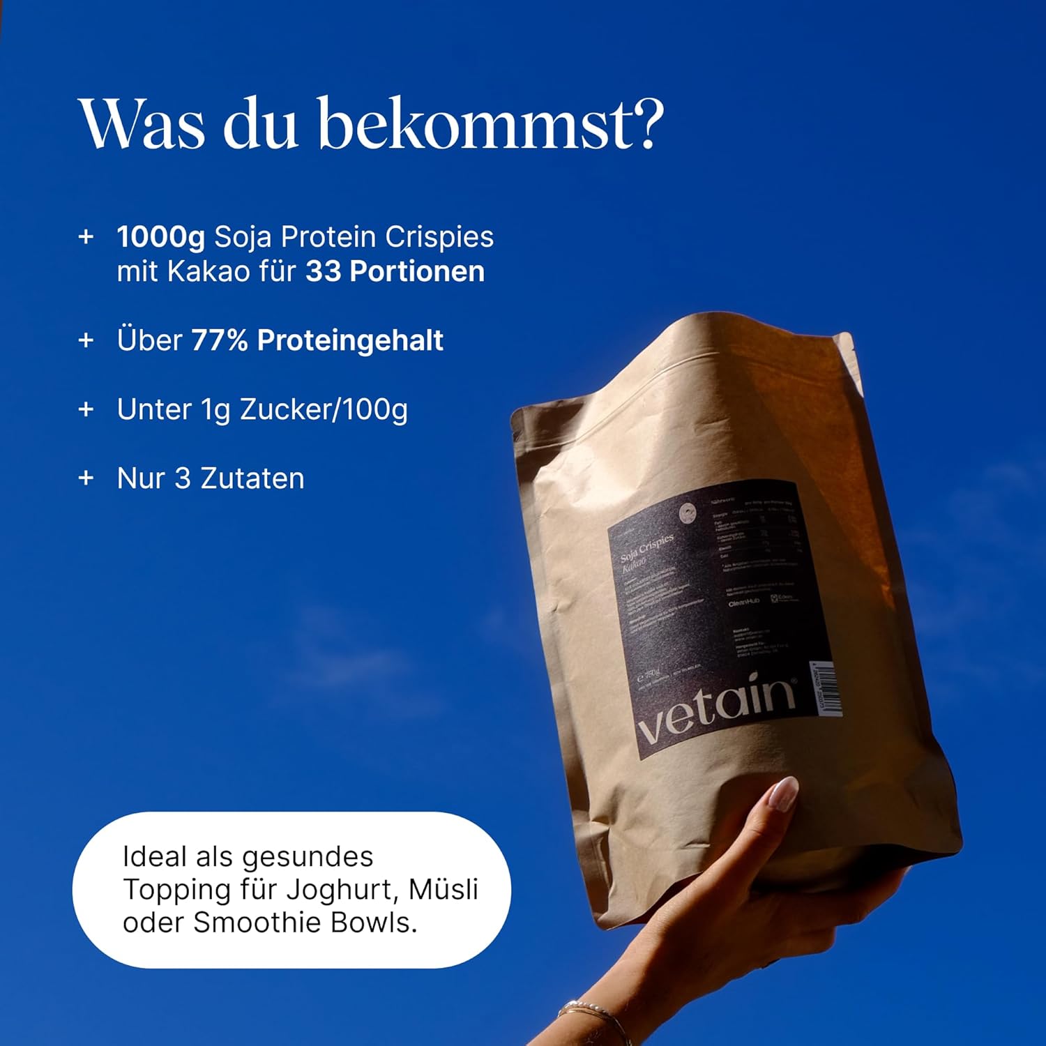 VETAIN Soja Crispies Kakao - 750g - 77% Proteingehalt - Vegan - Ohne Zucker & laktosefrei - Sojaprotein ideal als Topping oder proteinreiche Snackalternative - produziert in Deutschland