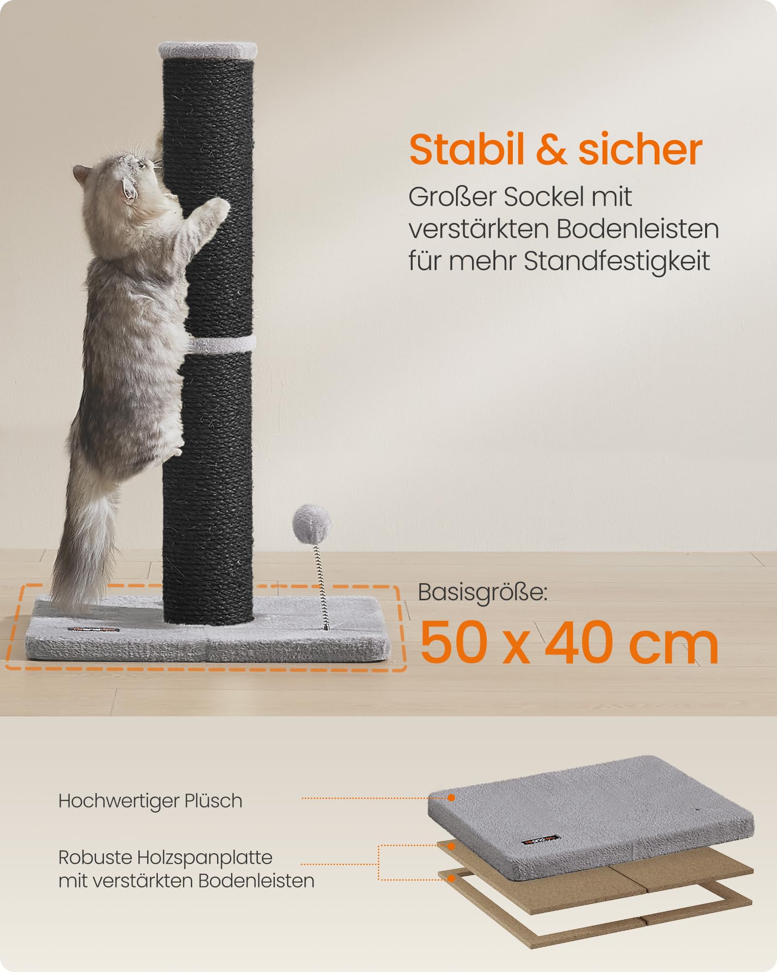 Feandrea Kratzbaum, 85 cm hoch, Kratzsäule XL, 13 cm Dicker Stamm, Katzenbaum, Kratzstamm für mittelgroße und große Katzen, Sisalstamm, mit Plüschball und Glocke, Taubengrau PCA041G01