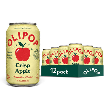 OLIPOP Prebiotic Soda Pop, Crisp Apple, Pantry Pack Packed with Prebiotics, Fiber, and Botanicals, Gluten Free, Vegan, GMO Free, 12oz (12-Cans)