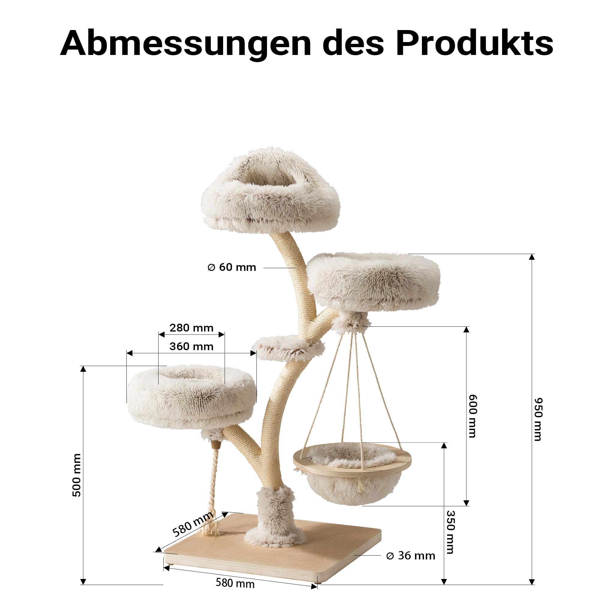 Fudajo Designer Kratzbaum mit Hängeliege, Katzenkratzbaum 59 x 59 x 169 cm, Katzenbaum bis max. 15 kg mit Sisal und Plüsch, Katzenmöbel mit 3 Etagen