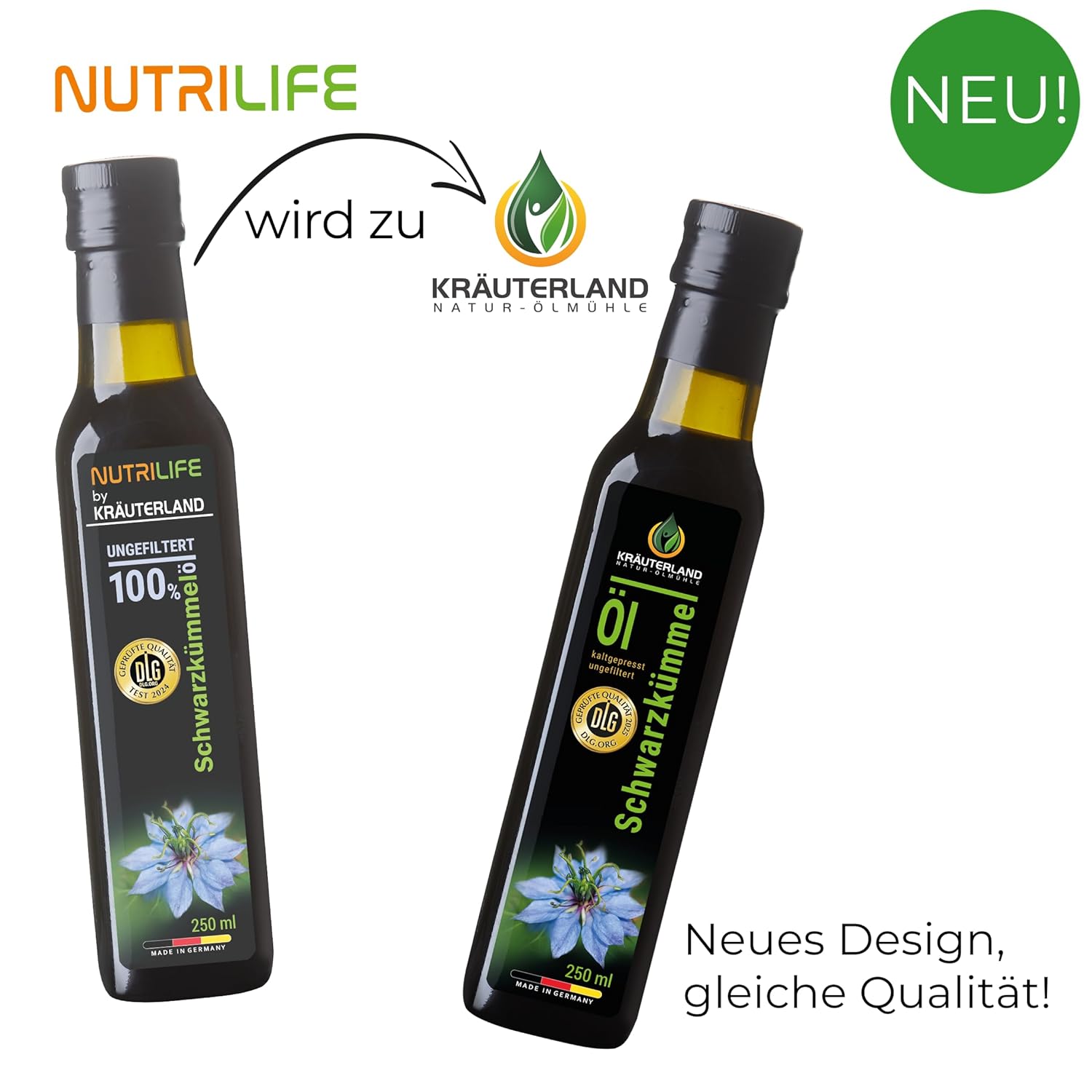Kräuterland Schwarzkümmelöl 4X250ml (1000ml), ungefiltert, Omega 3-6-9, naturrein ohne Zusatzstoffe, hoher Thymoquinine, vegan, mild, kaltgepresst, mühlenfrisch aus unsrer hessischen Ölmühle