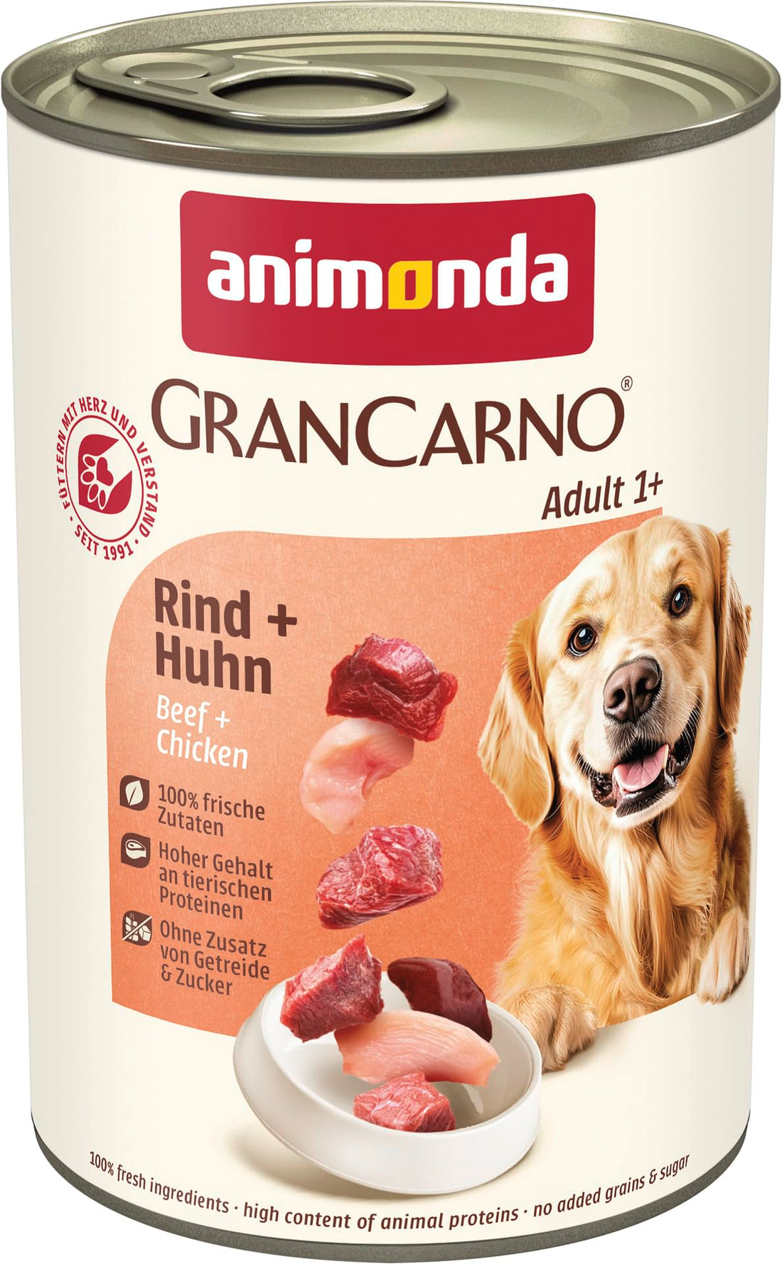 animonda GranCarno Hunde Nassfutter mit Rind + Entenherzen (6 x 800 g), getreidefreies Hundenassfutter ohne Zucker, für ausgewachsene Hunde, mit frischen fleischigen Zutaten