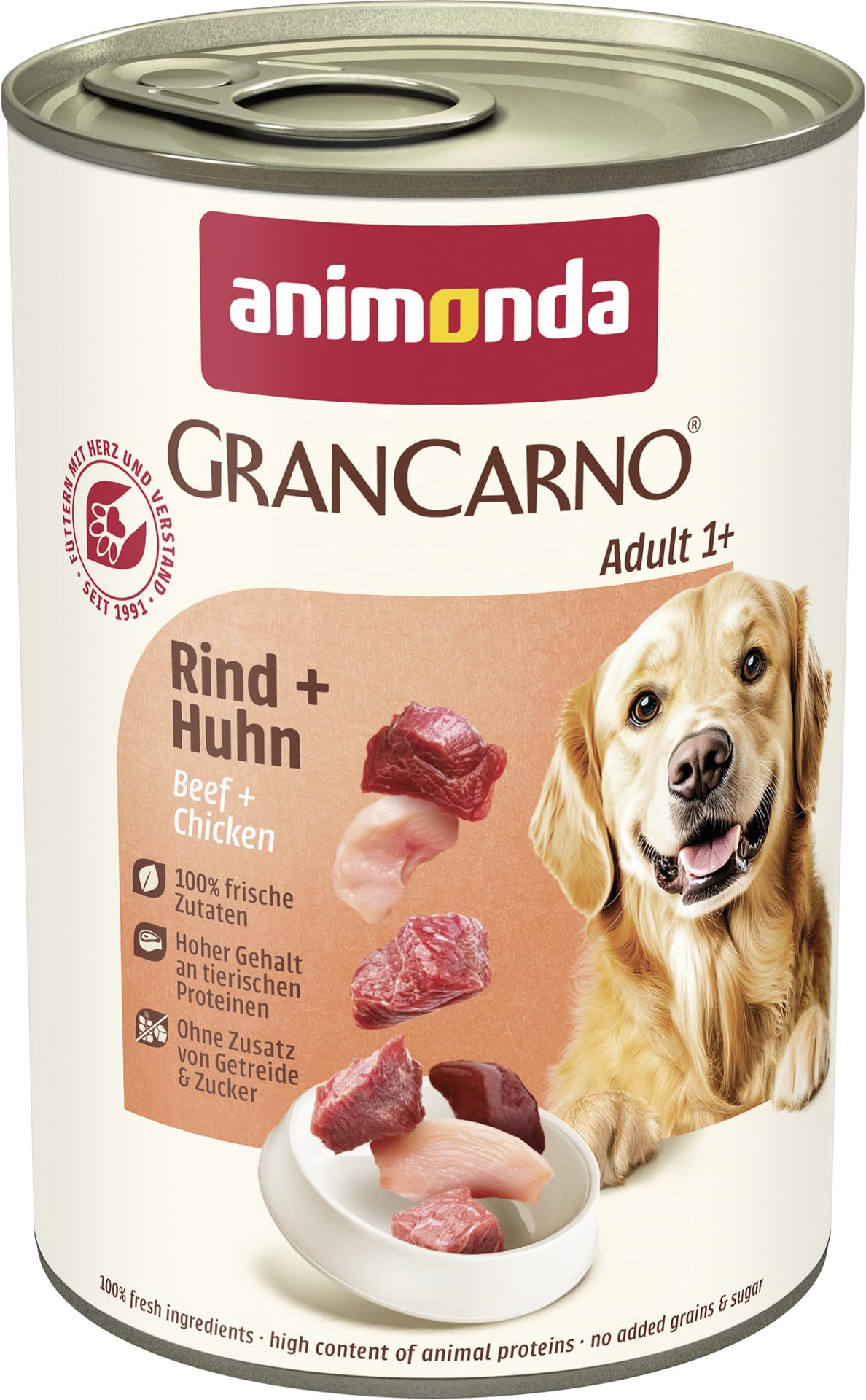 animonda GranCarno Hunde Nassfutter mit Rind + Entenherzen (6 x 800 g), getreidefreies Hundenassfutter ohne Zucker, für ausgewachsene Hunde, mit frischen fleischigen Zutaten