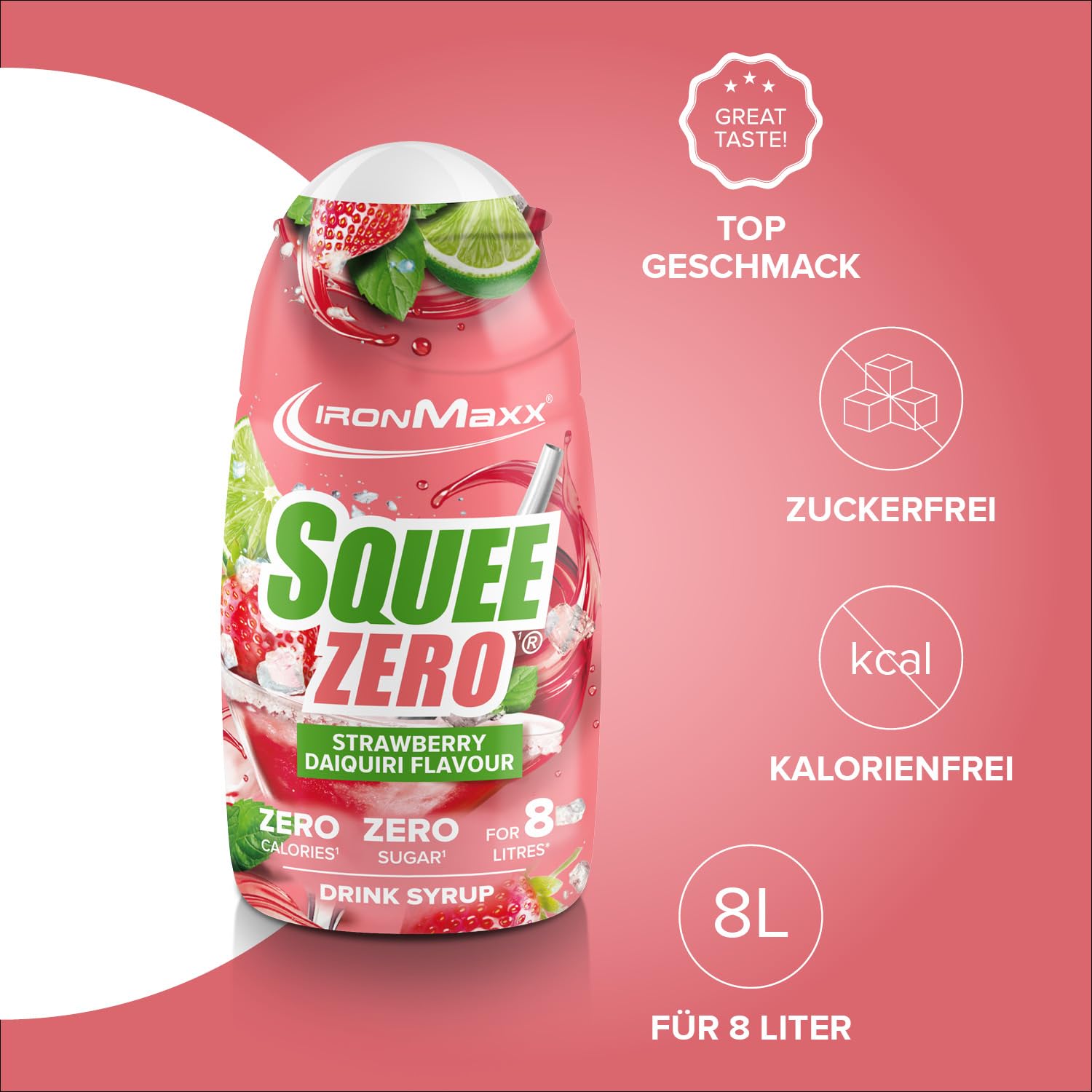 IronMaxx SqueeZero - Raspberry 65ml | Sirup, Erfrischendes Geschmackserlebnis für 8 Liter, Zuckerfrei und Kalorienfrei in 100ml verzehrfertigem Getränk