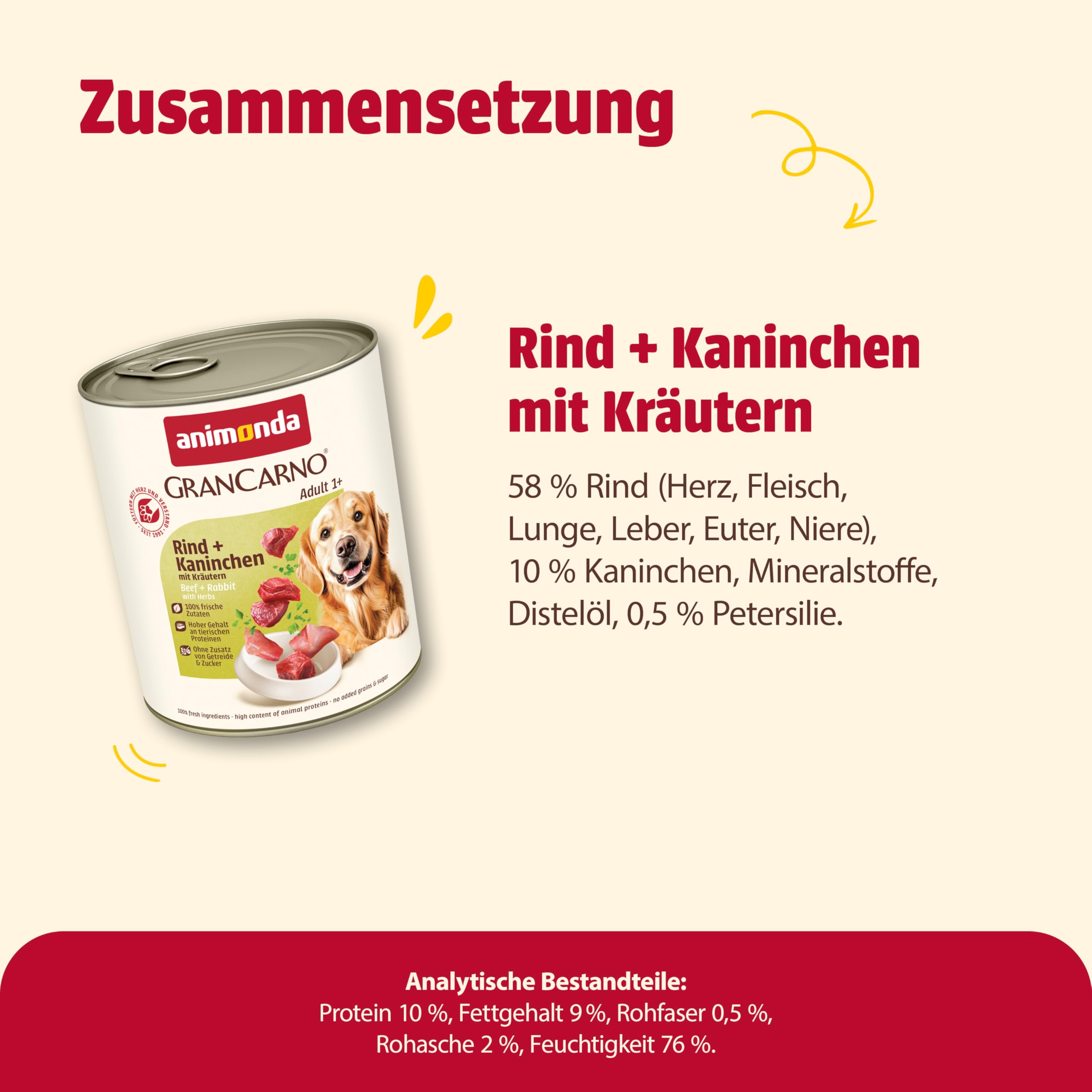 animonda GranCarno Hunde Nassfutter mit Rind + Entenherzen (6 x 800 g), getreidefreies Hundenassfutter ohne Zucker, für ausgewachsene Hunde, mit frischen fleischigen Zutaten
