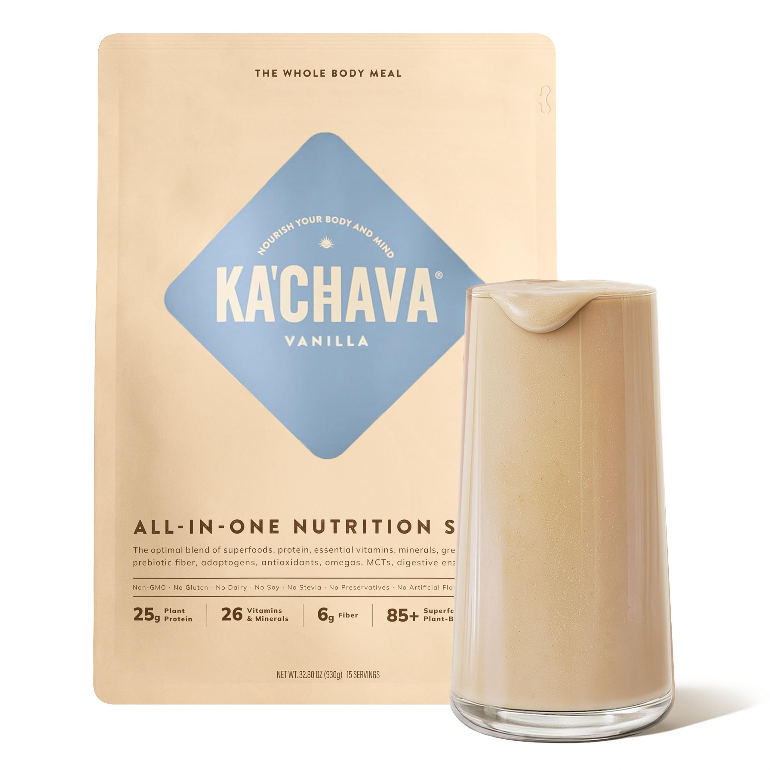 Ka’Chava Whole Body Meal Shake Vanilla 2 lb – Vegan Protein Powder with 85+ Superfoods & Greens – Plant-Based Meal Replacement with Probiotics & Digestive Enzymes – Gluten & Dairy Free (15 Servings)
