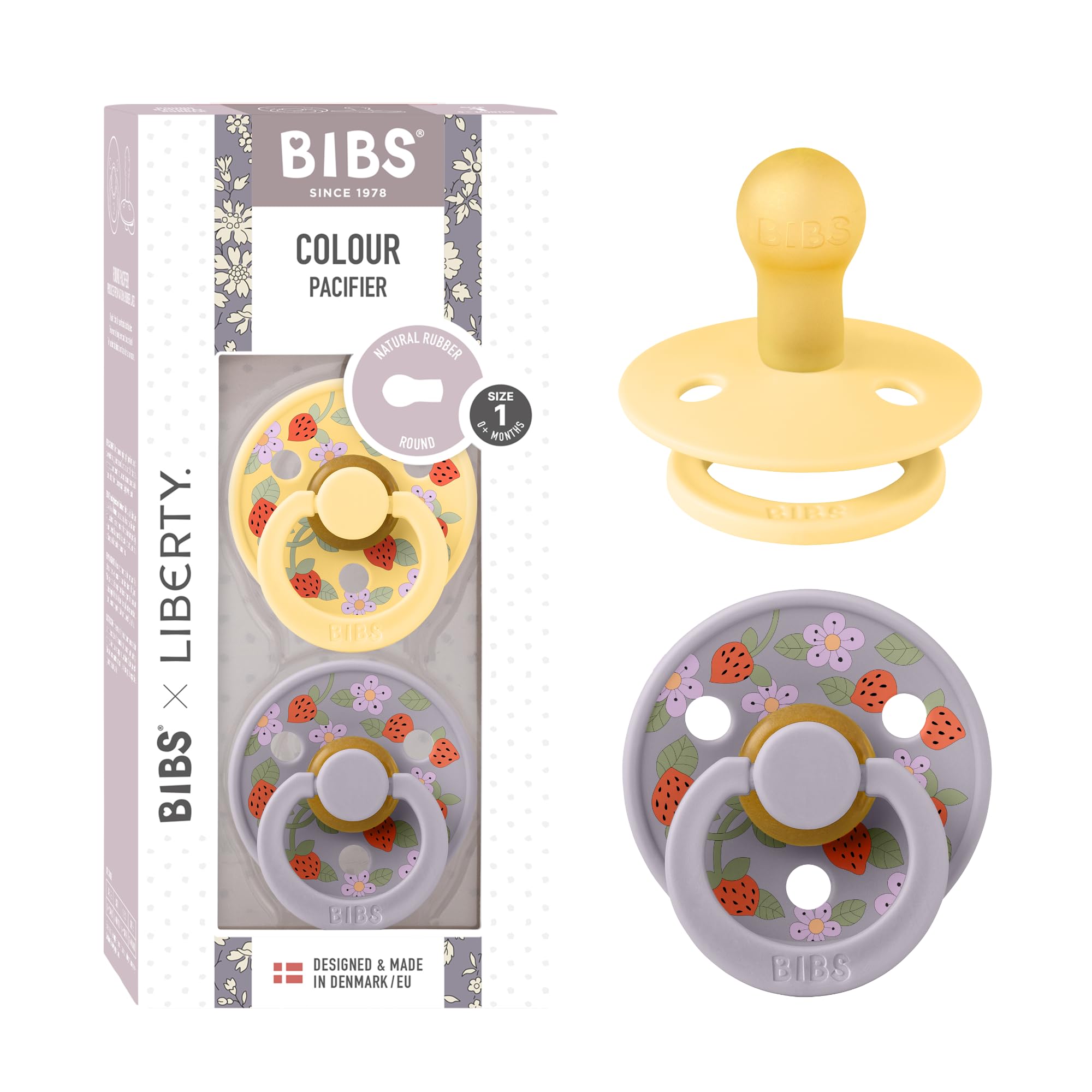 BIBS Colour Liberty Schnuller 2er-Pack, BPA-frei, Kirschform Nippel. Naturkautschuk/Latex, Hergestellt in Dänemark, Größe 2 (6-18 Monate), Chamomile Lawn Violet Sky