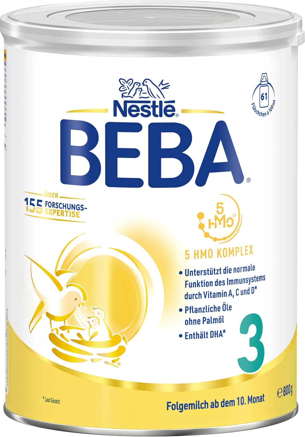 BEBA 3 - Folgemilch ab dem 10. Monat, Mit 5 HMO Komplex, Altersgerecht angepasster Proteingehalt, Nur Laktose, Ohne Palmöl, Ohne Fischöl, Babynahrung, Baby-Milchpulver, 3er Pack (3 x 800g)