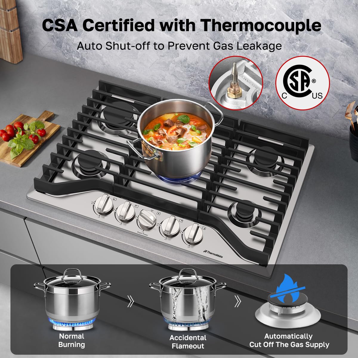 ThermoMate Heavy 36 Inch Gas Cooktop with 5 Italy Sabaf Power Burners, Built In Stove Top of 304 Stainless Steel, Gas Hob NG/LPG Convertible, Cooker with Thermocouple Protection CSA Certified