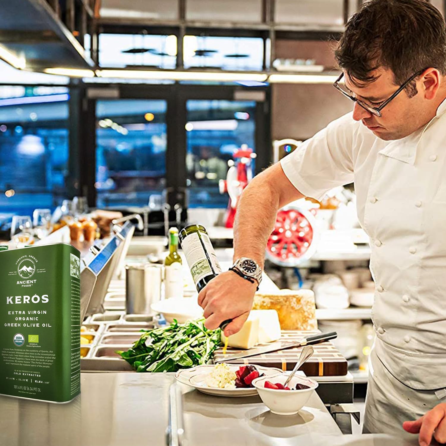 Ancient Foods Keros Organic Extra Virgin Olive Oil Cold Pressed – Greek EVOO, High Polyphenol Olive Oil from 1000 Year Old Trees from Greece – Ideal for Cooking, Salads & Gourmet Dishes – 101oz (3L)