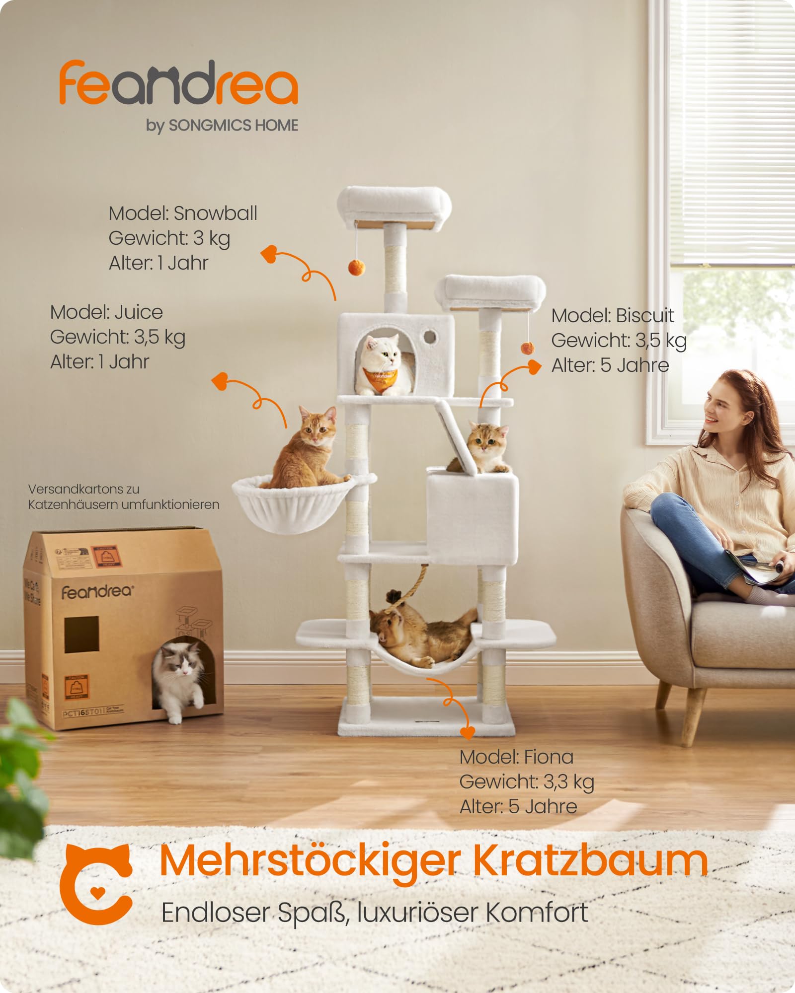 Feandrea Kratzbaum groß, 203,5 cm hoch, XXL Katzenbaum, mit 13 Kratzsäulen, 2 Plattformen, 2 Höhlen, Korb, Hängematte, Plüschbälle, mehrstöckiger Katzenkratzbaum, rauchgrau PCT190G01