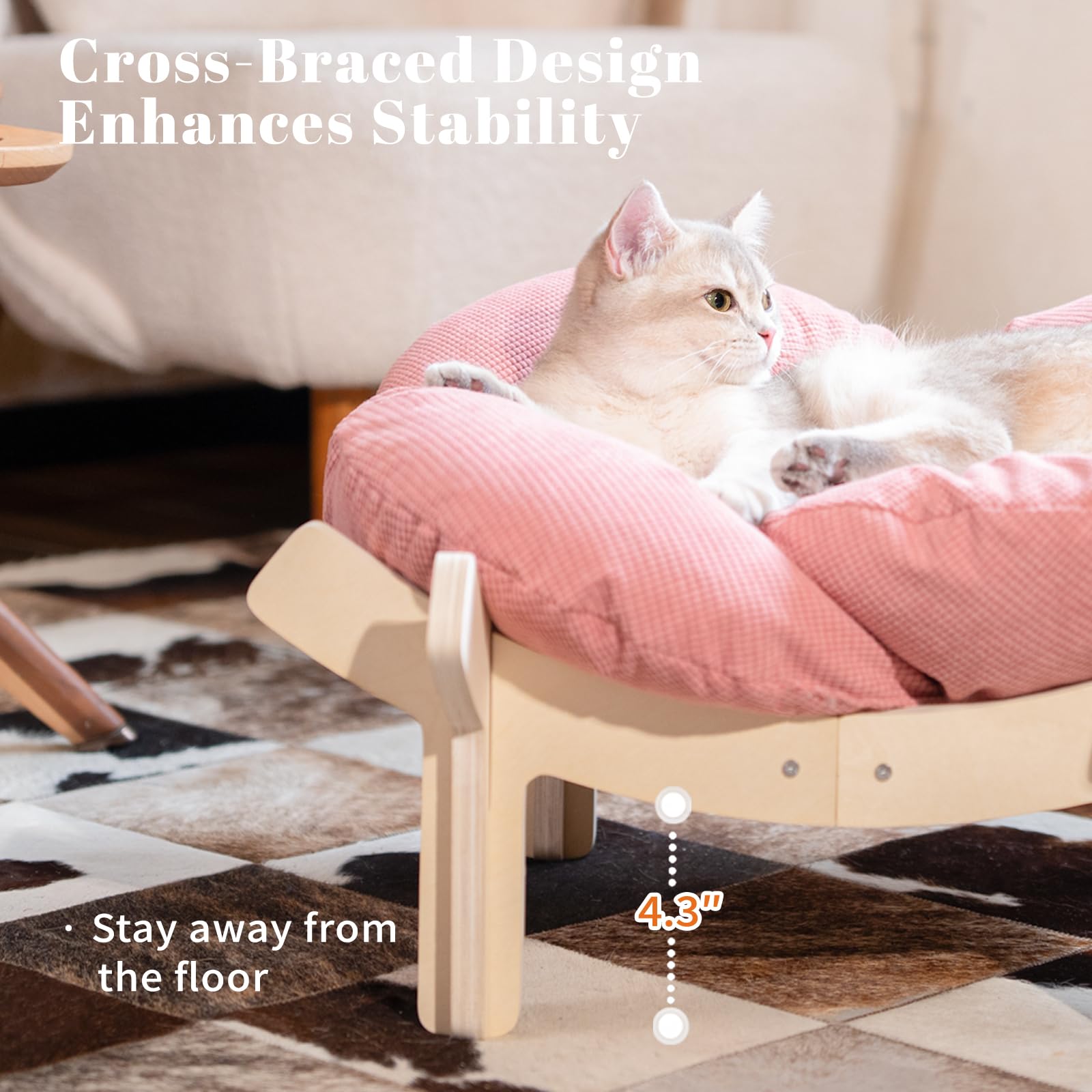 CheerPals Erhöhtes Katzenbett Blumenform, 55cm L&W Großes Katzensofa, Stilvoll Katzenstuhl mit Hochelastischer Weich Kissen, Katzenmöbel zum Schlafen für Alle Katze