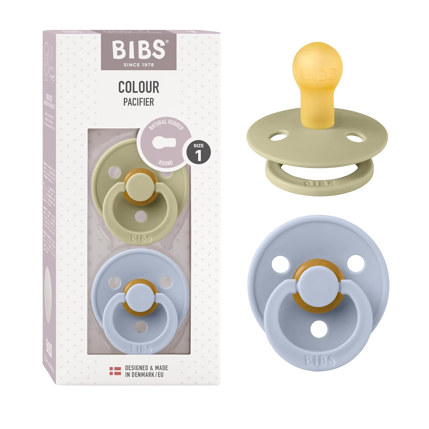BIBS Colour Schnuller 2er-Pack, BPA-frei, Kirschform Nippel. Naturkautschuk/Latex, Hergestellt in Dänemark. Größe 1 | 0+ Monate | 2-Pack, Ivory/Sage