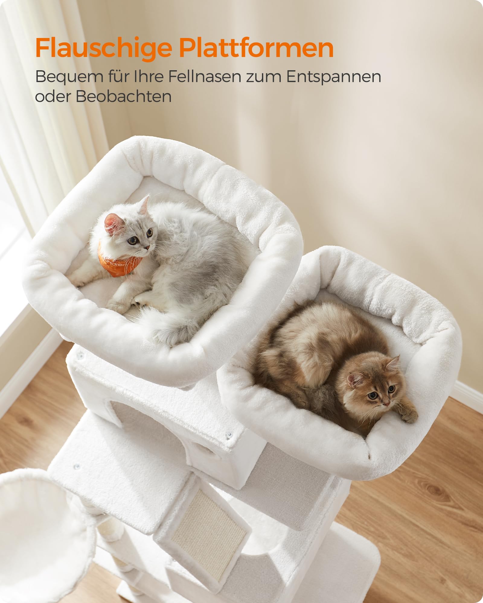 Feandrea Kratzbaum groß, 203,5 cm hoch, XXL Katzenbaum, mit 13 Kratzsäulen, 2 Plattformen, 2 Höhlen, Korb, Hängematte, Plüschbälle, mehrstöckiger Katzenkratzbaum, rauchgrau PCT190G01